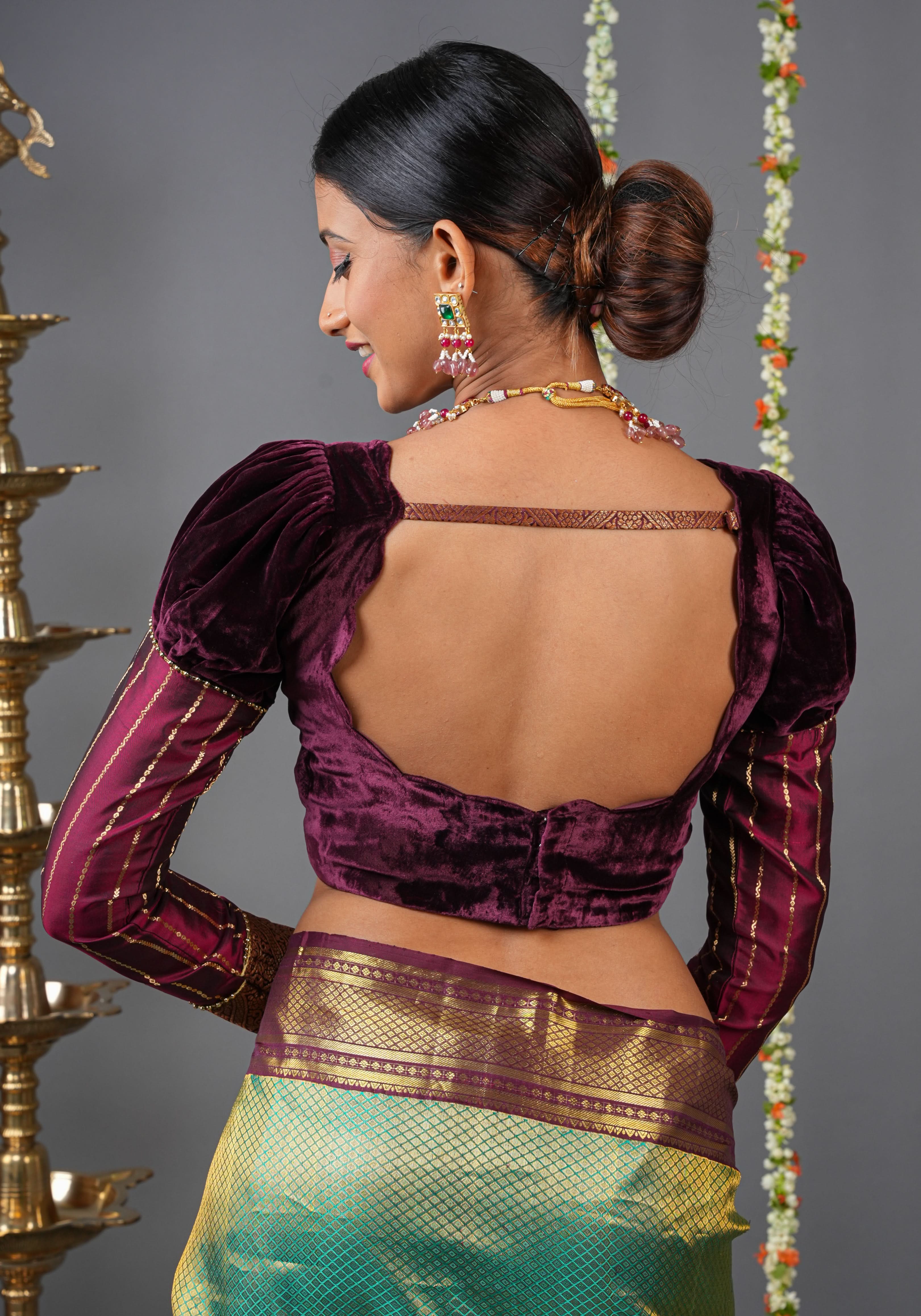 Made To Order: Pure Silk Velvet Scallop neck blouse with pure silk sleevs puff detailing | Shobitam