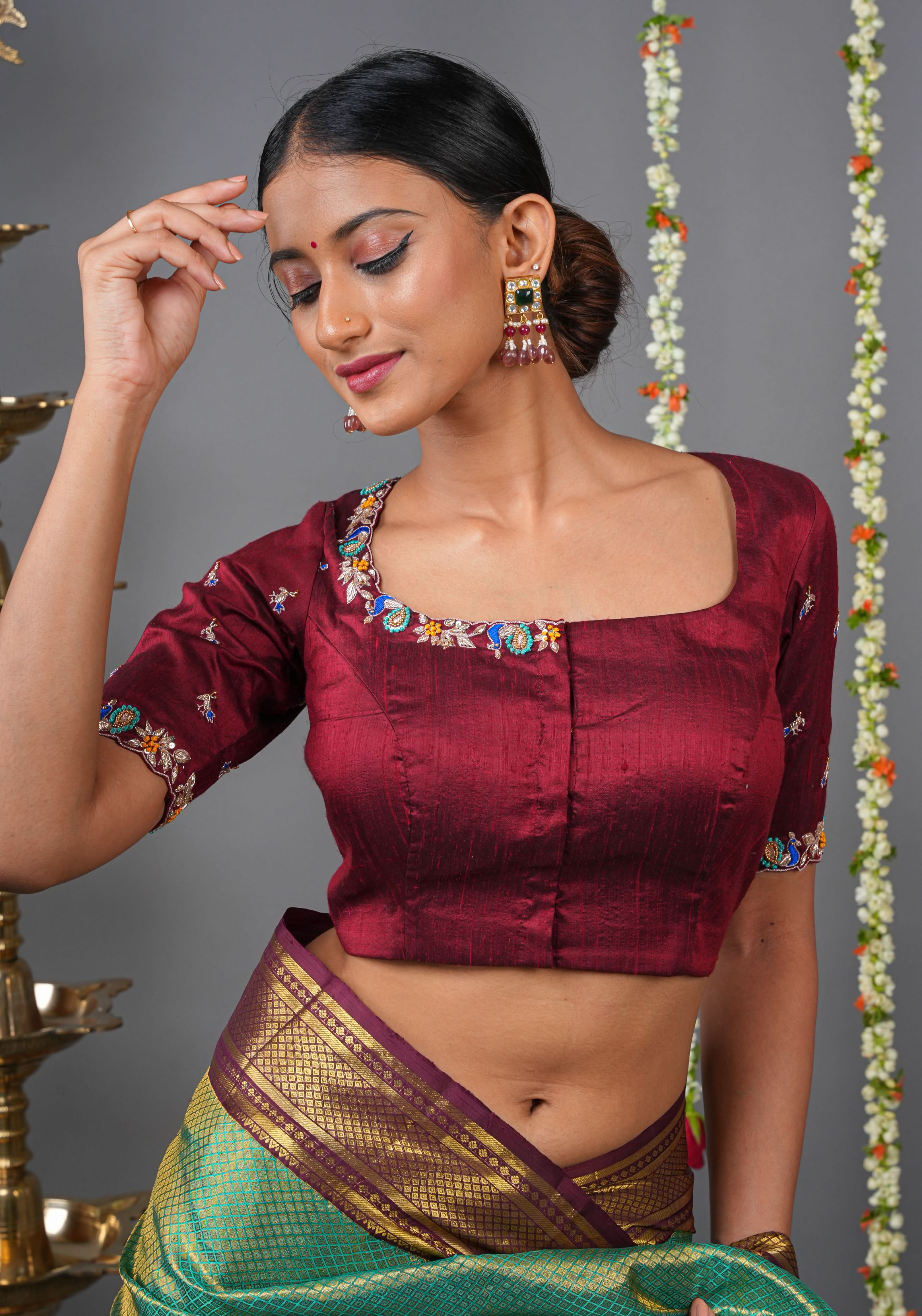 Made To Order: Maroon Pure Raw Silk Heavy Hand work Meenakari and Zardosi Peacock Design Blouse | Shobitam