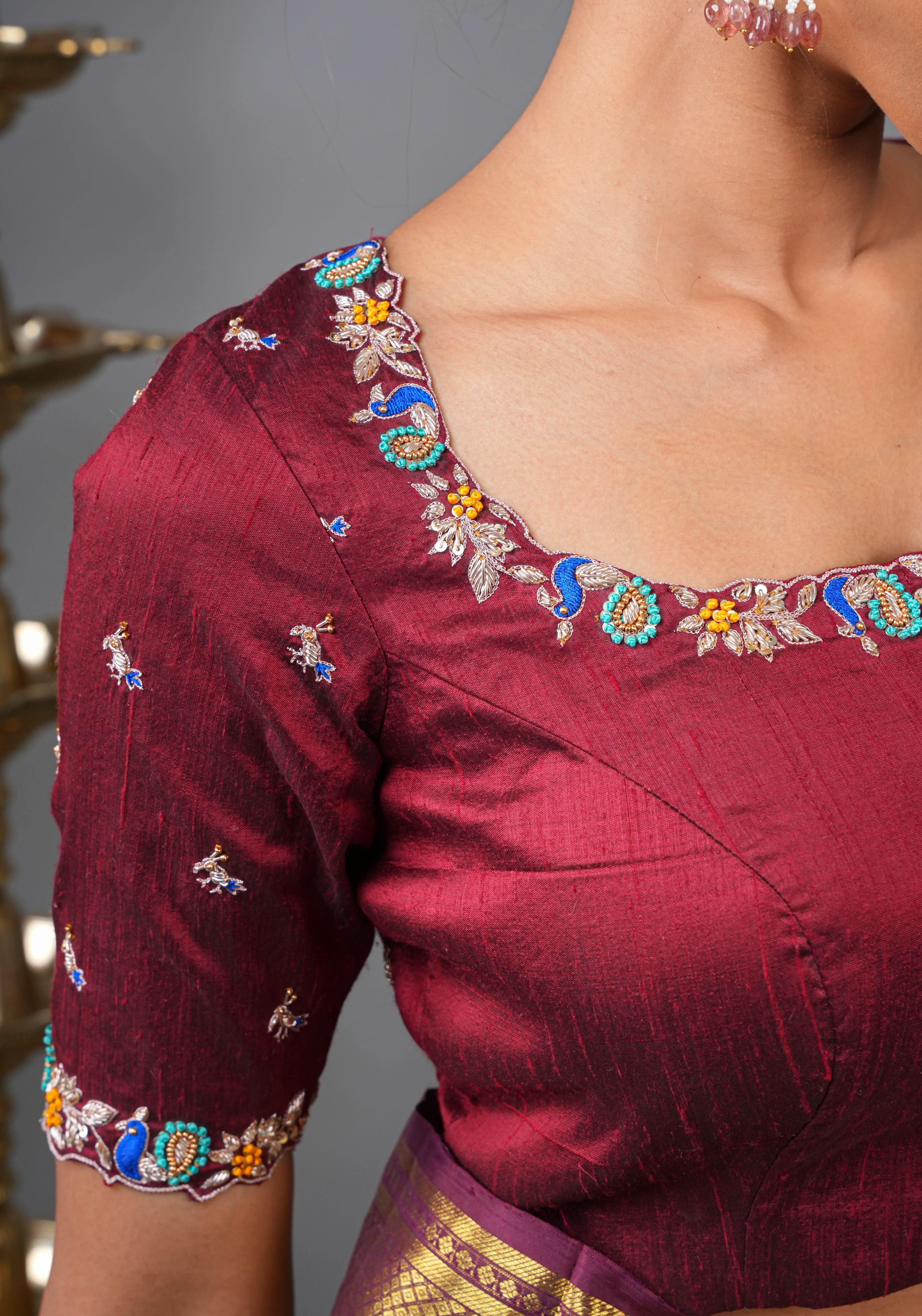 Made To Order: Maroon Pure Raw Silk Heavy Hand work Meenakari and Zardosi Peacock Design Blouse | Shobitam