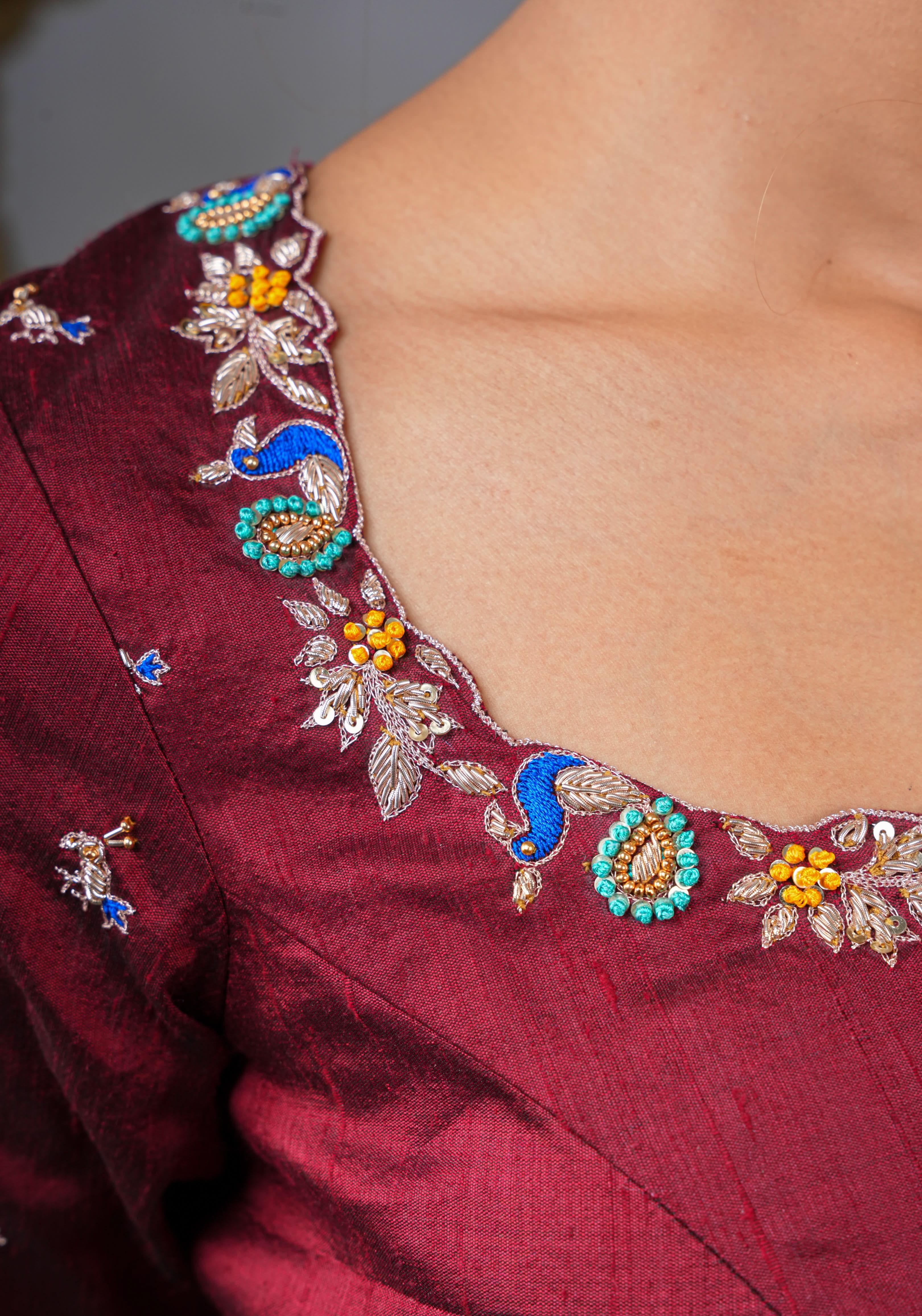 Made To Order: Maroon Pure Raw Silk Heavy Hand work Meenakari and Zardosi Peacock Design Blouse | Shobitam