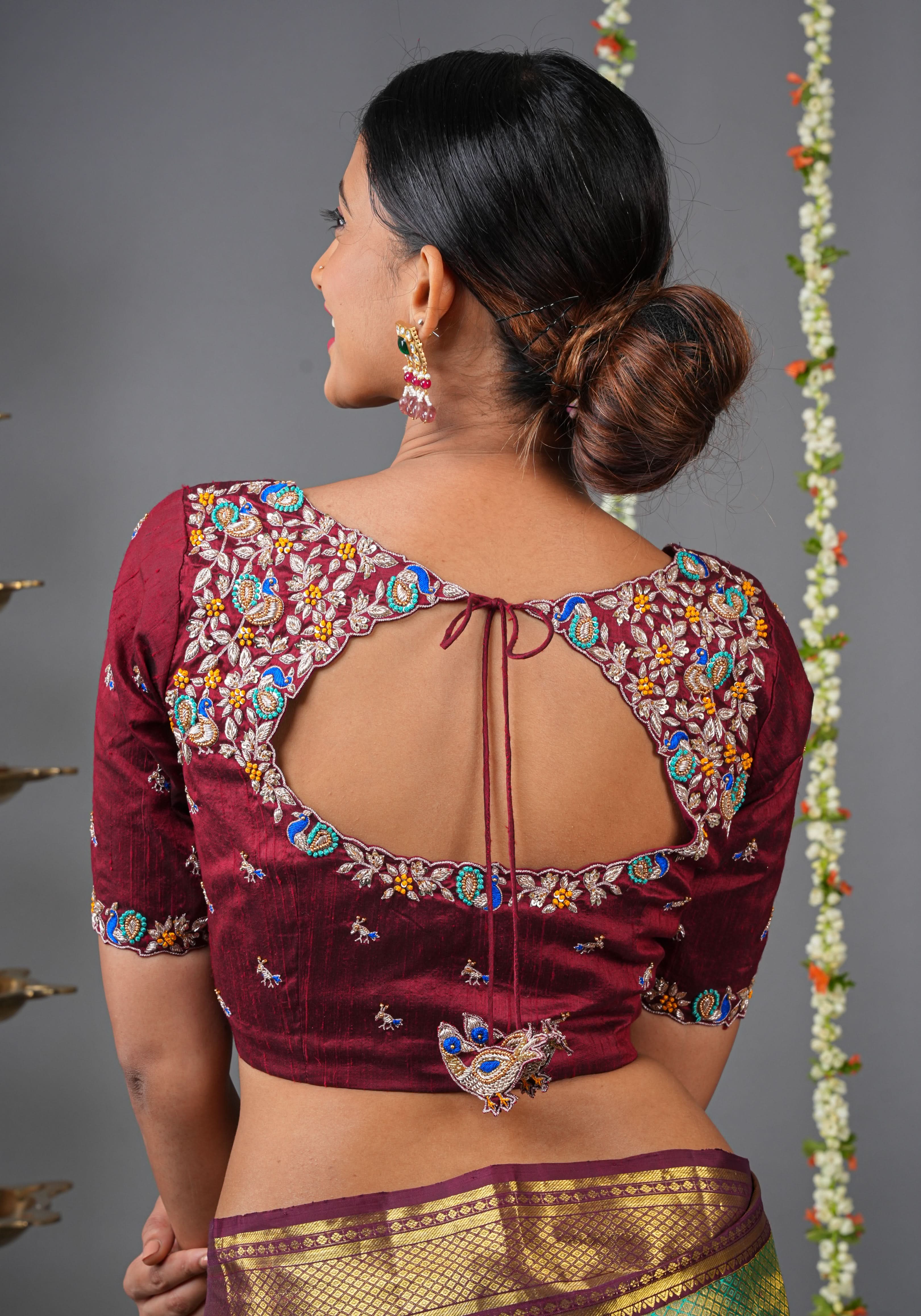 Made To Order: Maroon Pure Raw Silk Heavy Hand work Meenakari and Zardosi Peacock Design Blouse | Shobitam