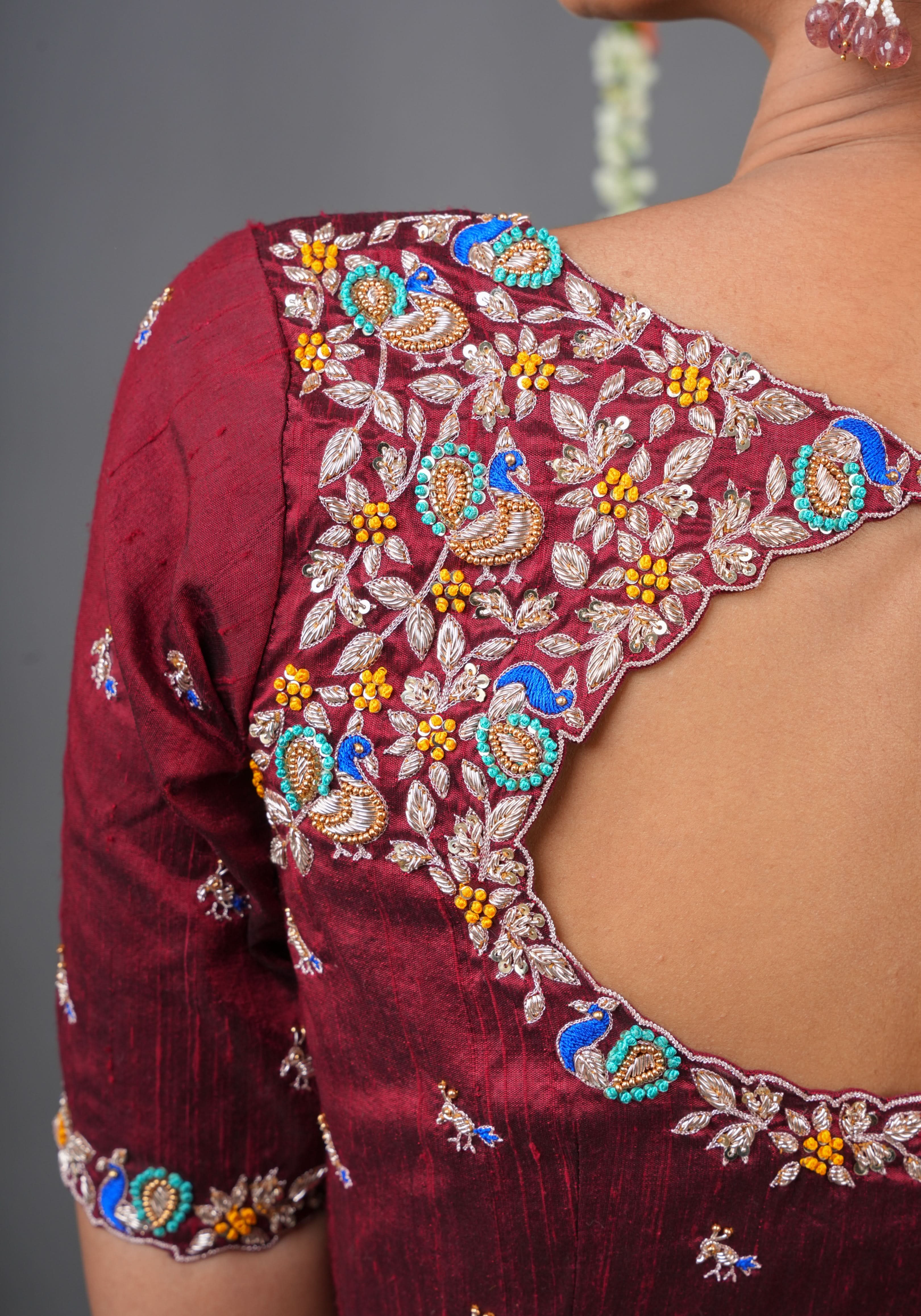Made To Order: Maroon Pure Raw Silk Heavy Hand work Meenakari and Zardosi Peacock Design Blouse | Shobitam
