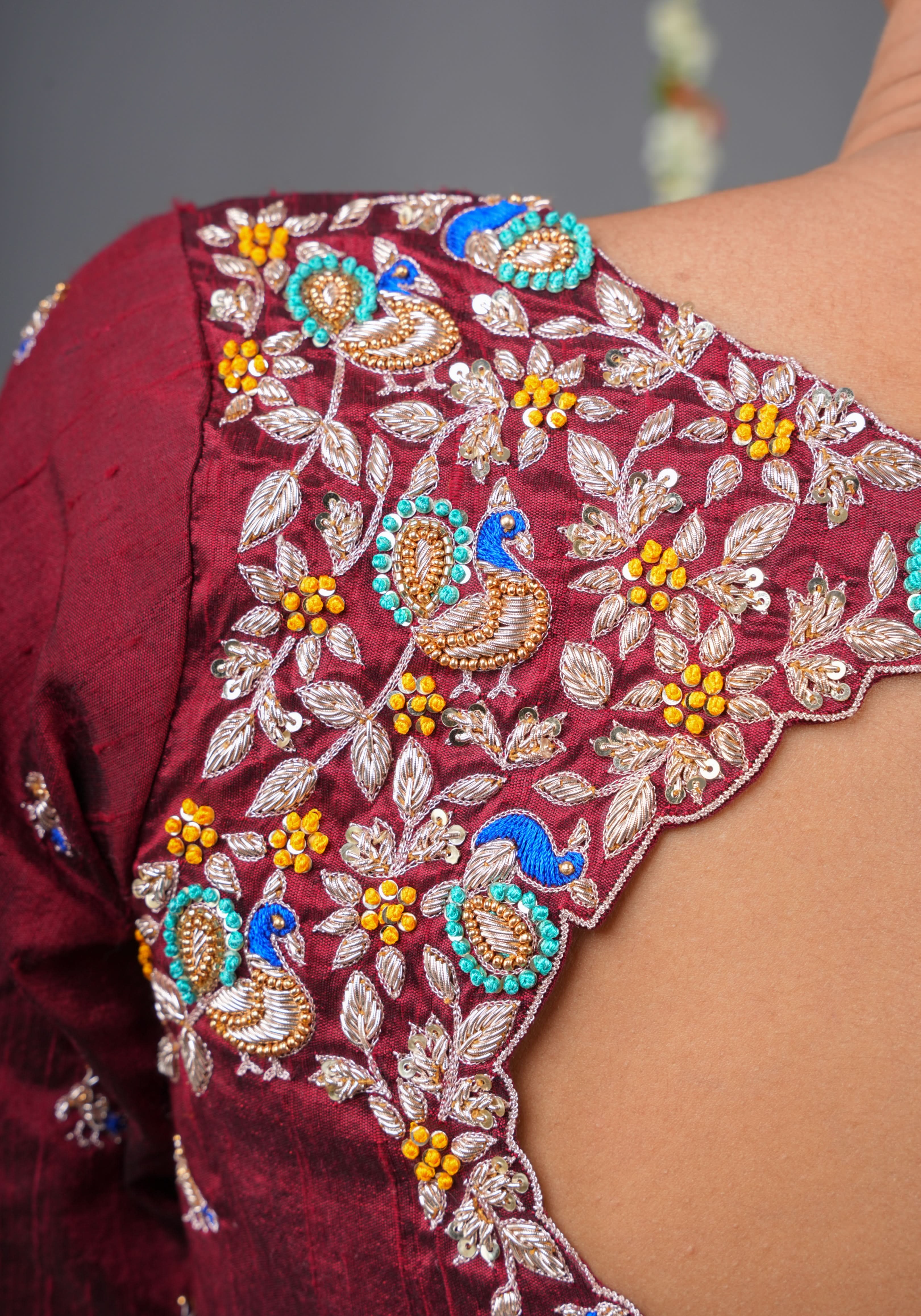Made To Order: Maroon Pure Raw Silk Heavy Hand work Meenakari and Zardosi Peacock Design Blouse | Shobitam