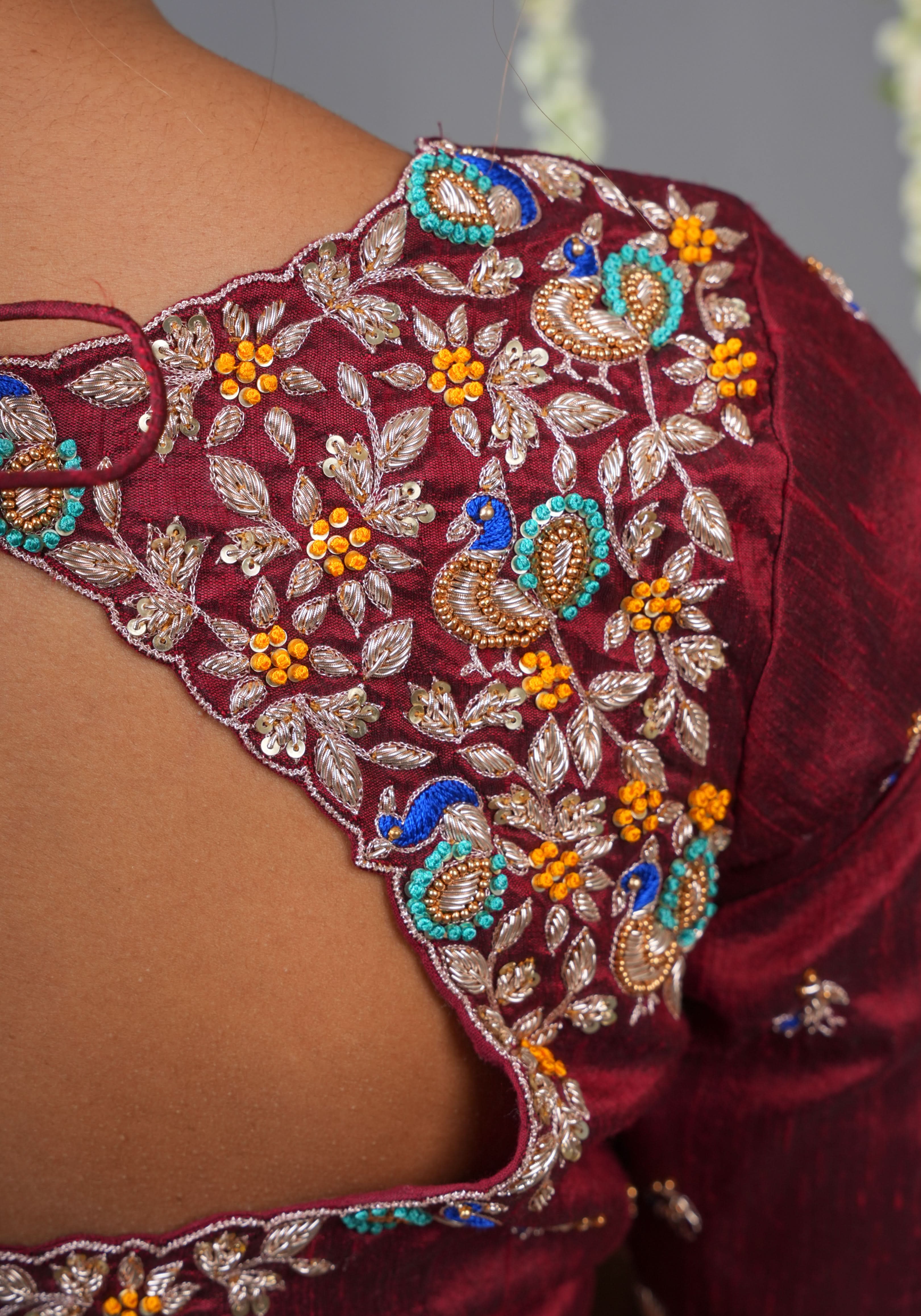 Made To Order: Maroon Pure Raw Silk Heavy Hand work Meenakari and Zardosi Peacock Design Blouse | Shobitam