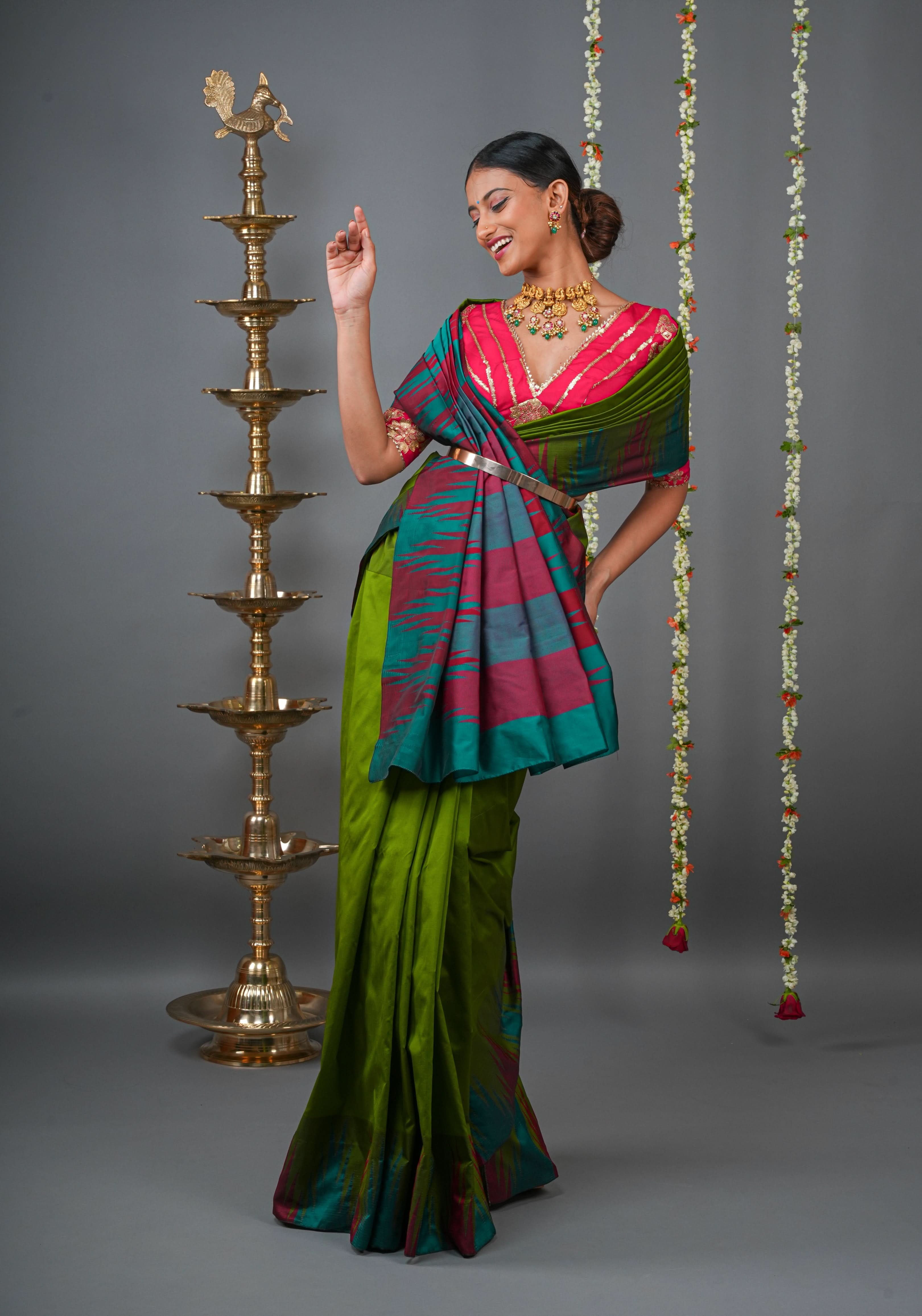 Sap Green Tone and Two Color Temple Border on Art Silk Saree With Double color Indian kotki design Pallu | Shobitam