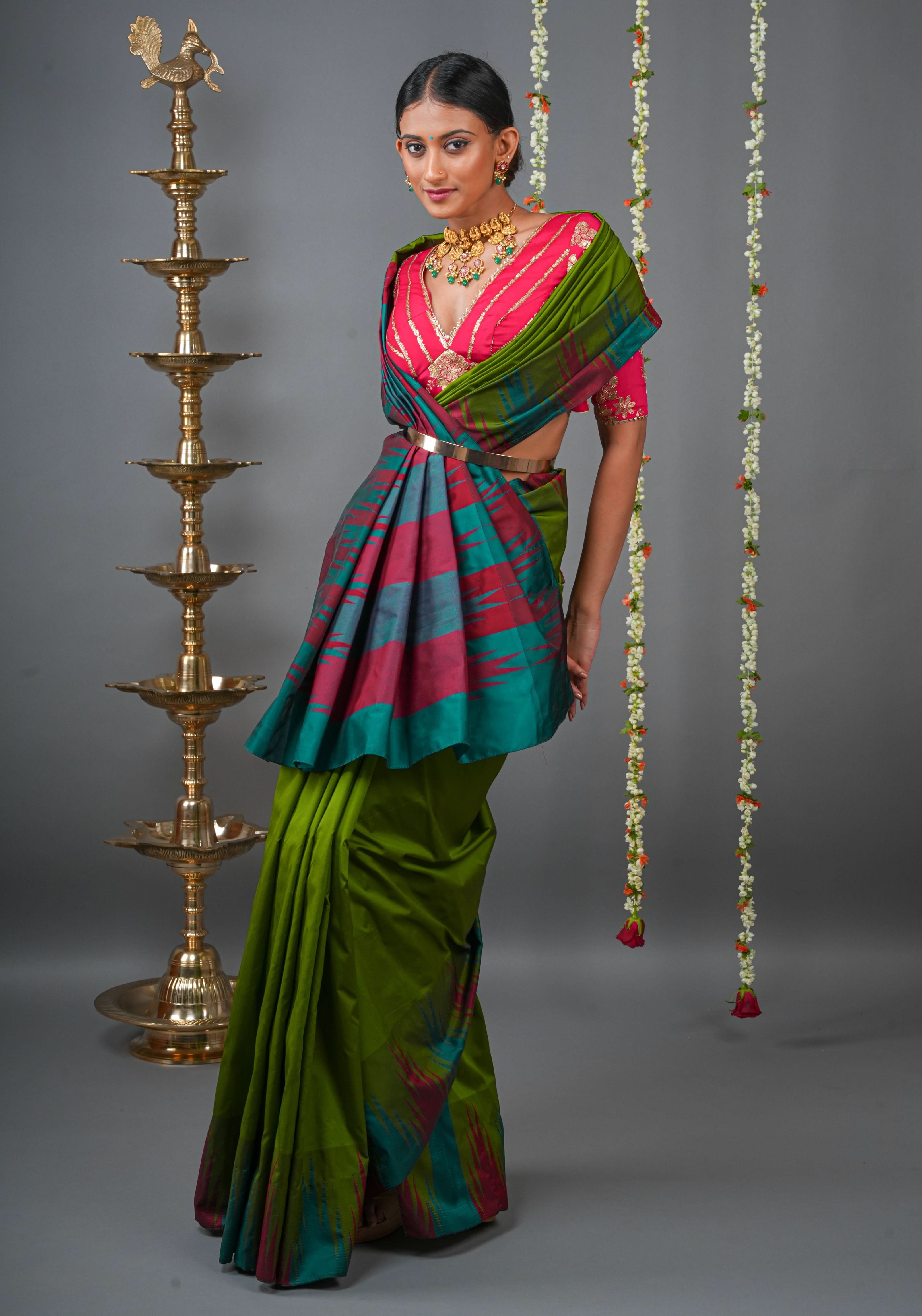 Sap Green Tone and Two Color Temple Border on Art Silk Saree With Double color Indian kotki design Pallu | Shobitam