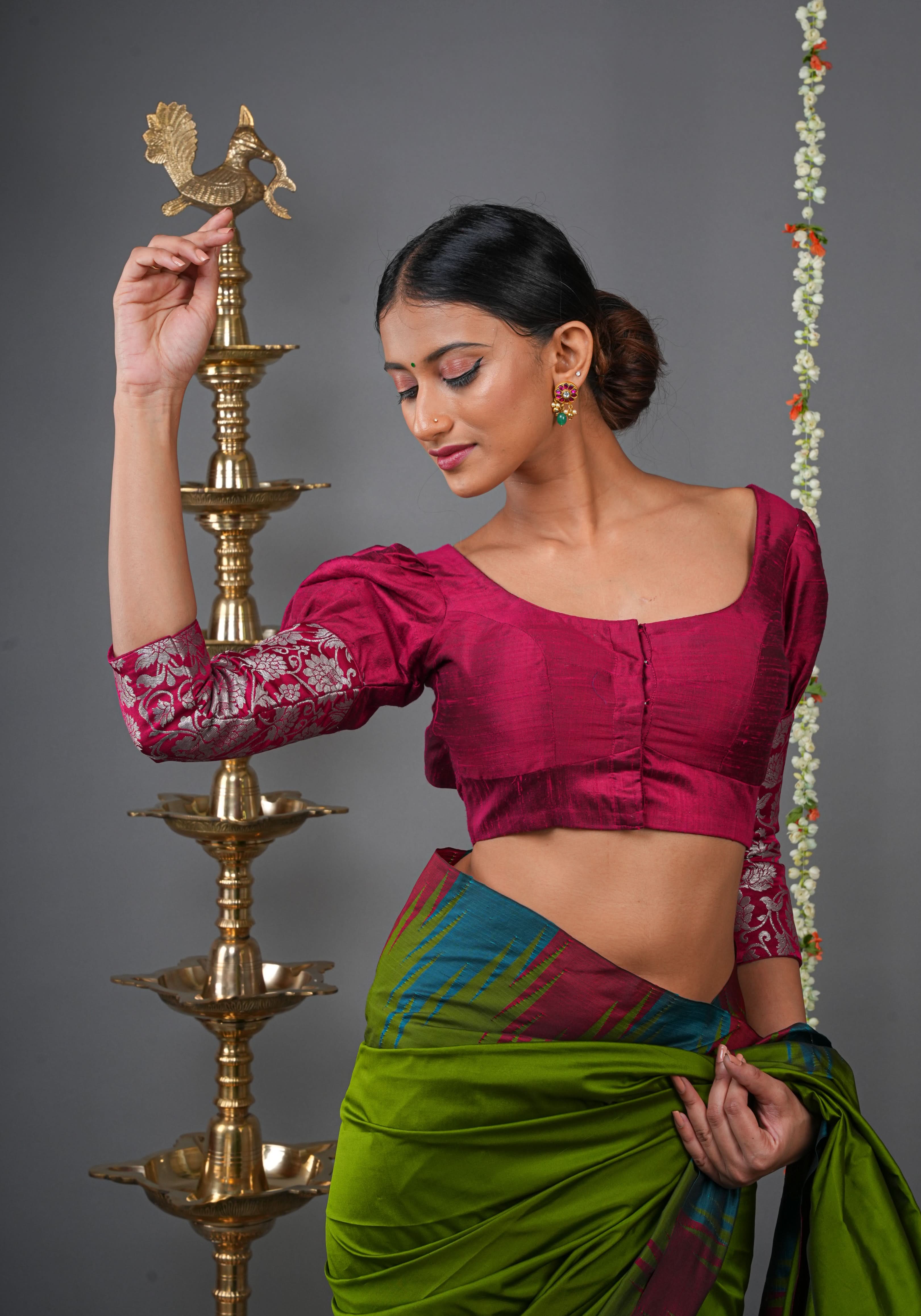Made To Order: Magenta Pure Raw Silk Blouse with Puff Sleeves and Banarasi Brocade Detailing | Shobitam