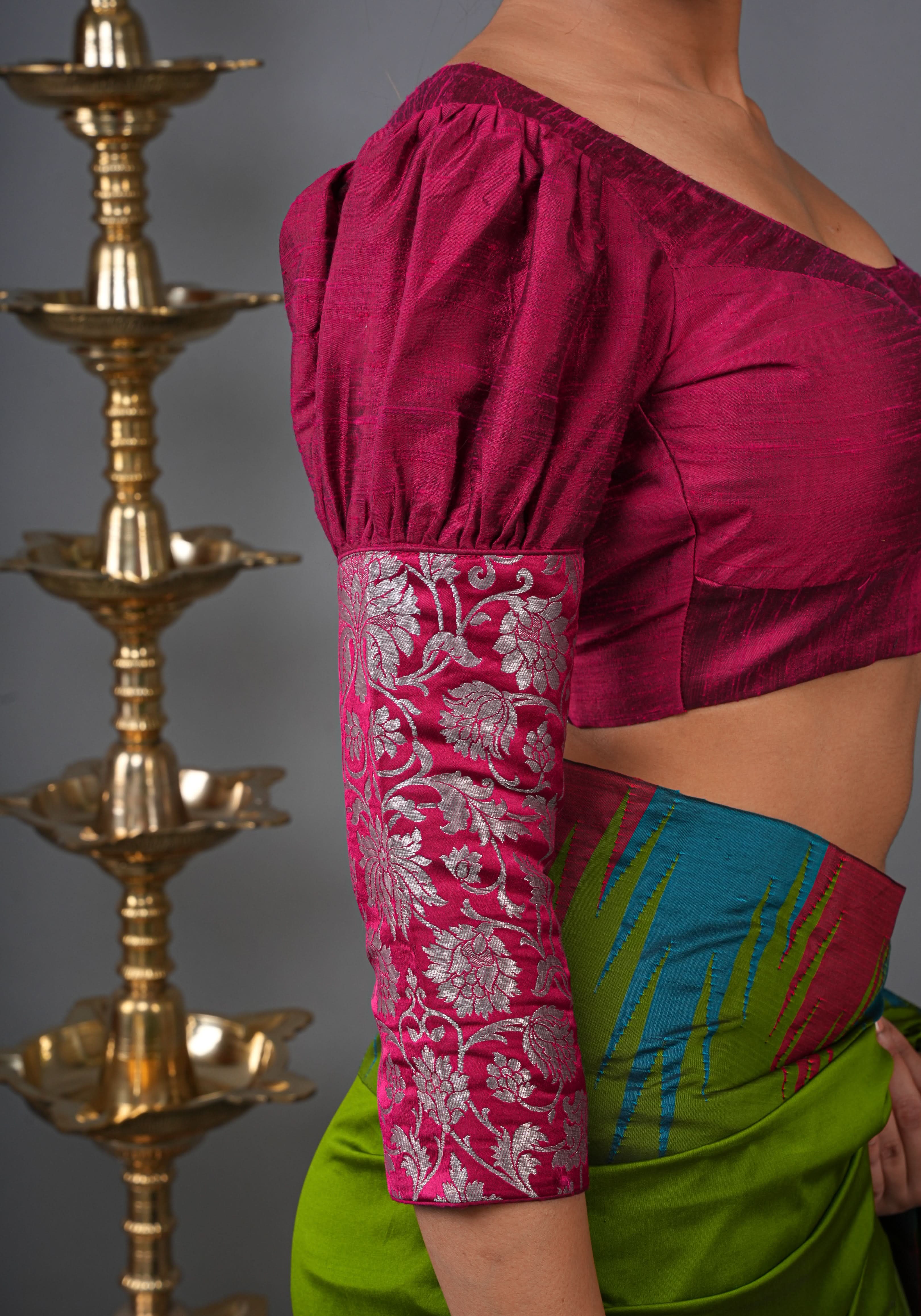 Made To Order: Magenta Pure Raw Silk Blouse with Puff Sleeves and Banarasi Brocade Detailing | Shobitam