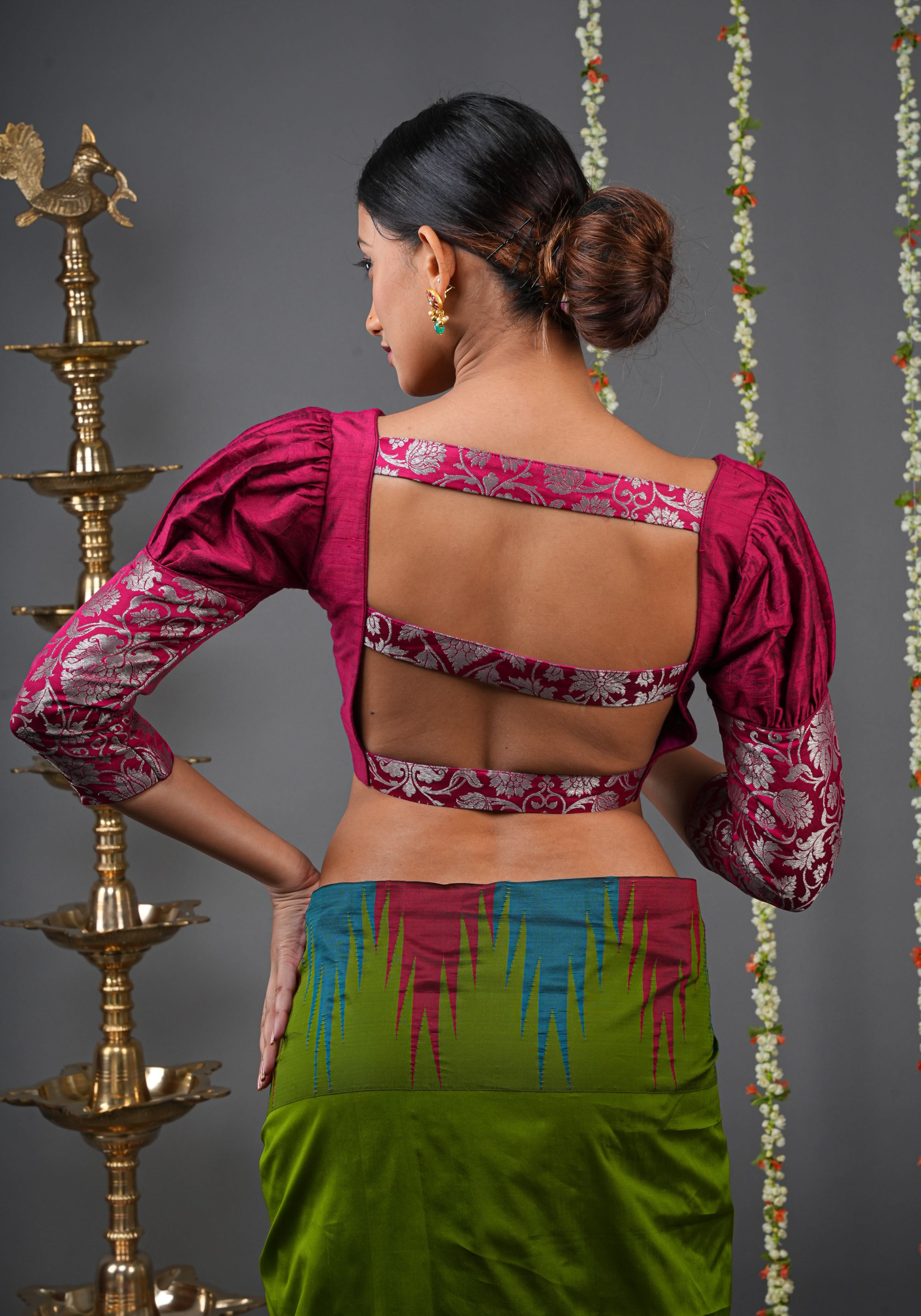 Made To Order: Magenta Pure Raw Silk Blouse with Puff Sleeves and Banarasi Brocade Detailing | Shobitam