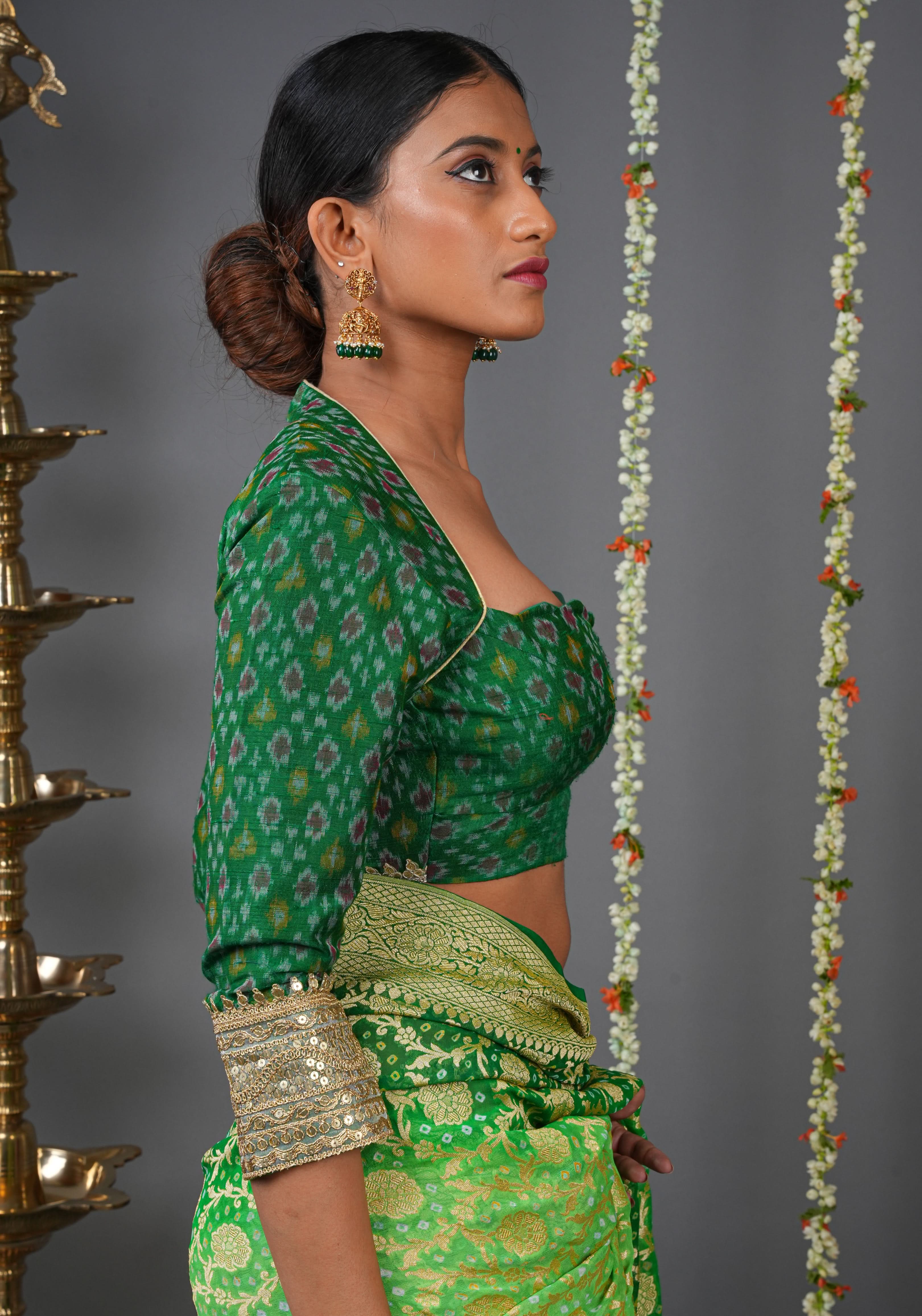 Made To Order: Emerald Green Pure Raw Silk Ikkat Weave Blouse with Scallop neck and long sleeve with gotta patti detailing | Shobitam