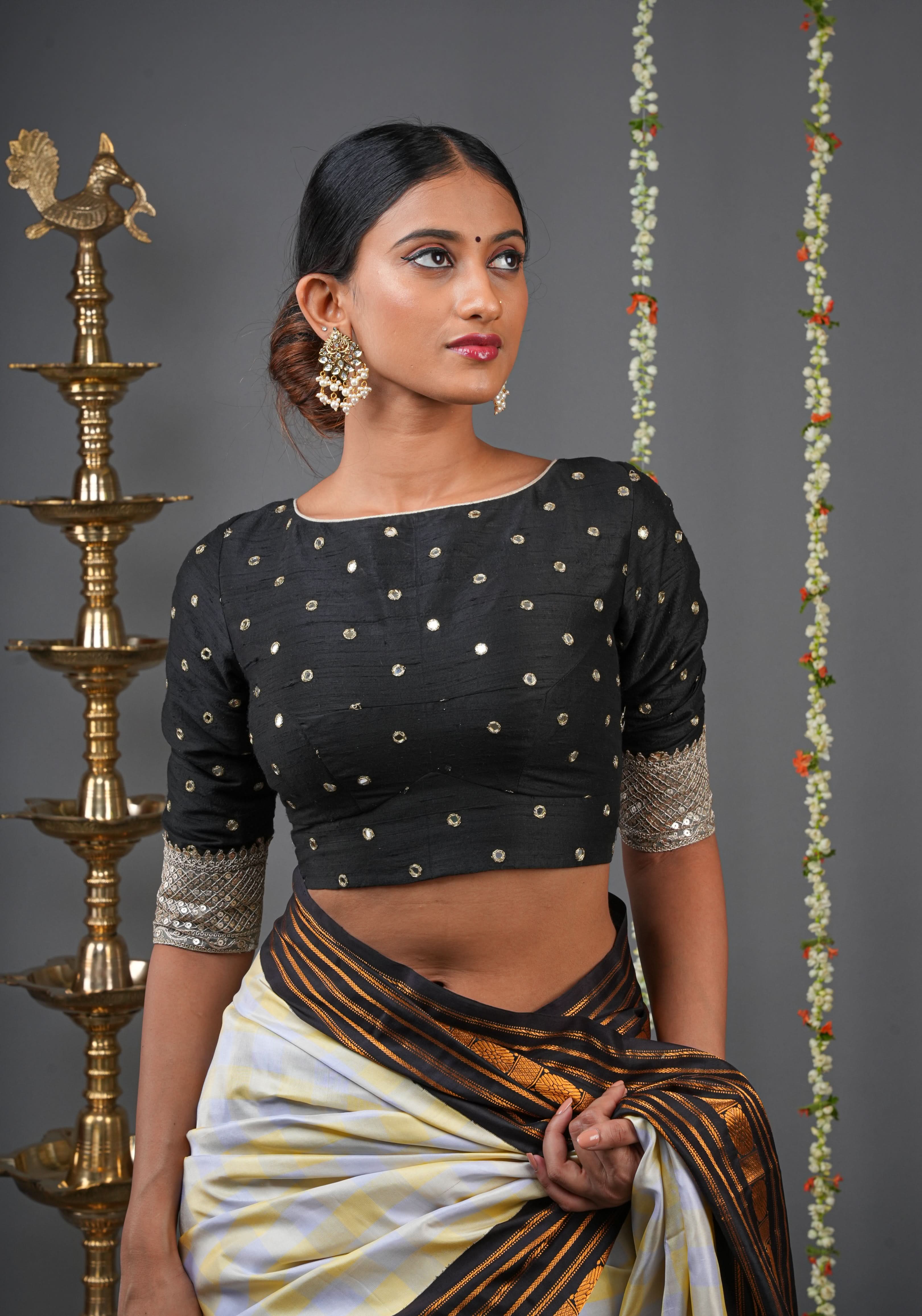 Black Pure raw silk blouse with mirror work,backless design with gotta trim. Made to Order | Shobitam