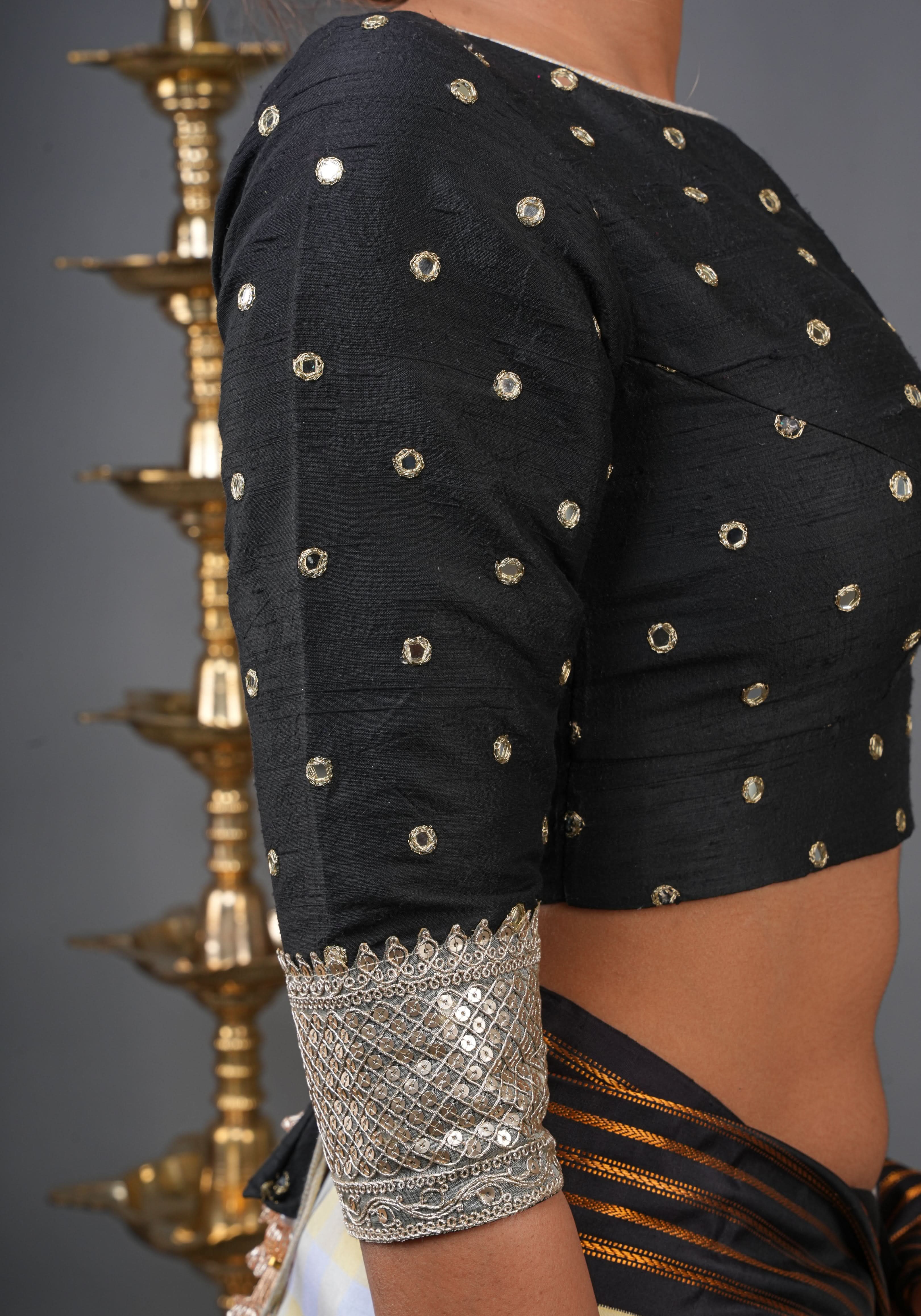 Black Pure raw silk blouse with mirror work,backless design with gotta trim. Made to Order | Shobitam
