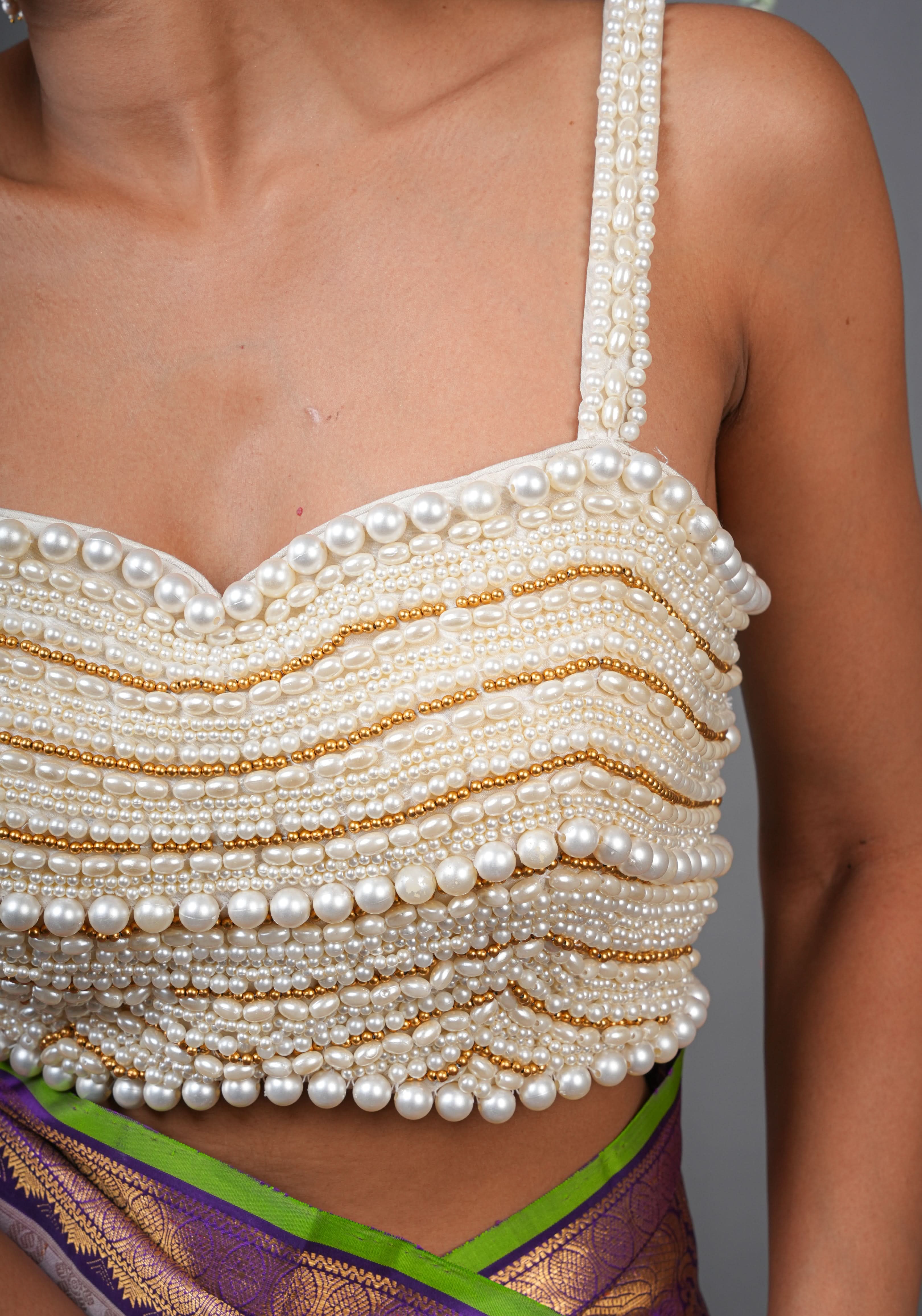 Made To Order: White Heavy Pearl Beaded Sleeveless Blouse | Shobitam
