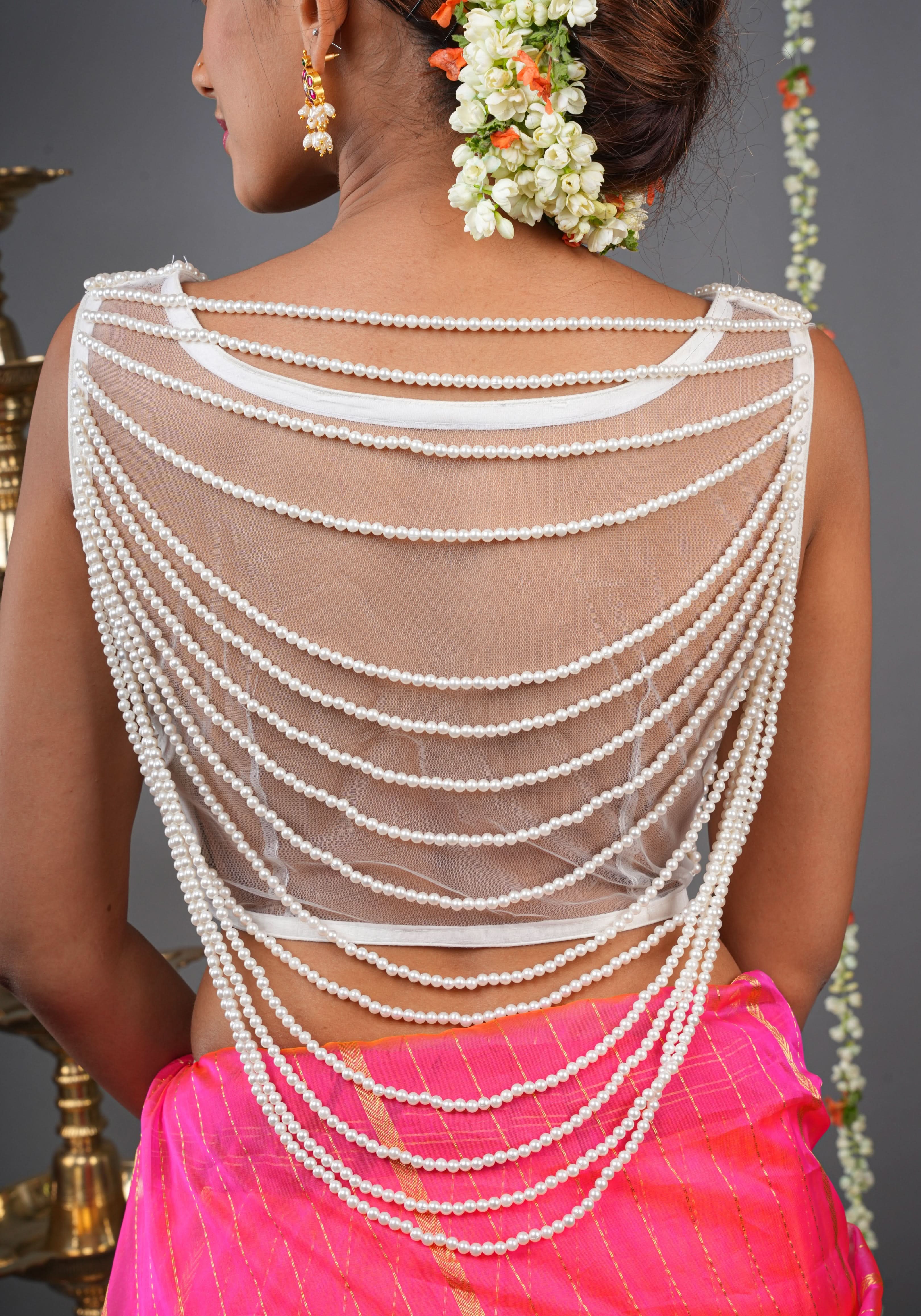 Moti jadau Blouse with Multiple moti strands in back, Made to Order | Shobitam