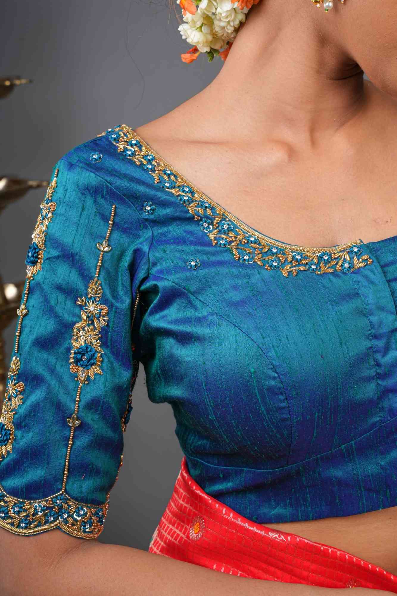 Made to Order: Peacock Blue Pure Raw Silk Blouse with Zardozi and Bead detailing
