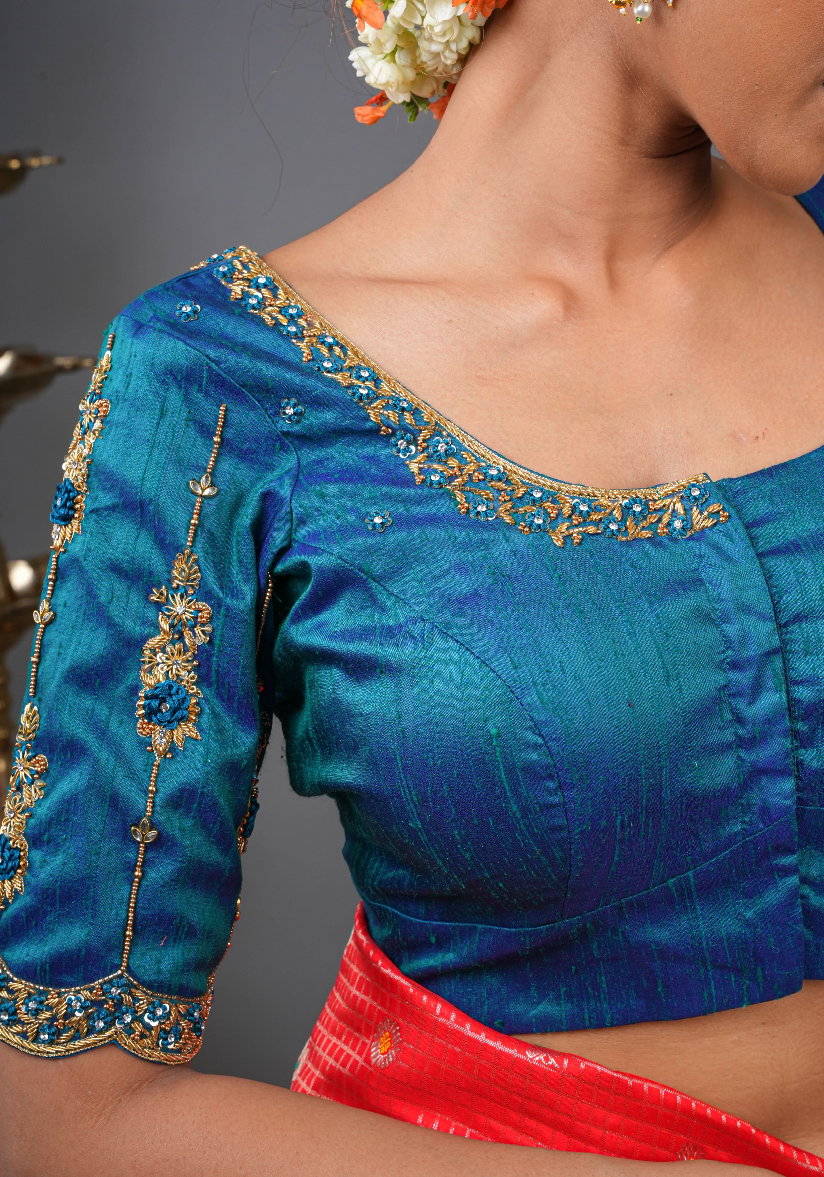 Made to Order: Peacock Blue Pure Raw Silk Blouse with Zardozi and Bead detailing | Shobitam