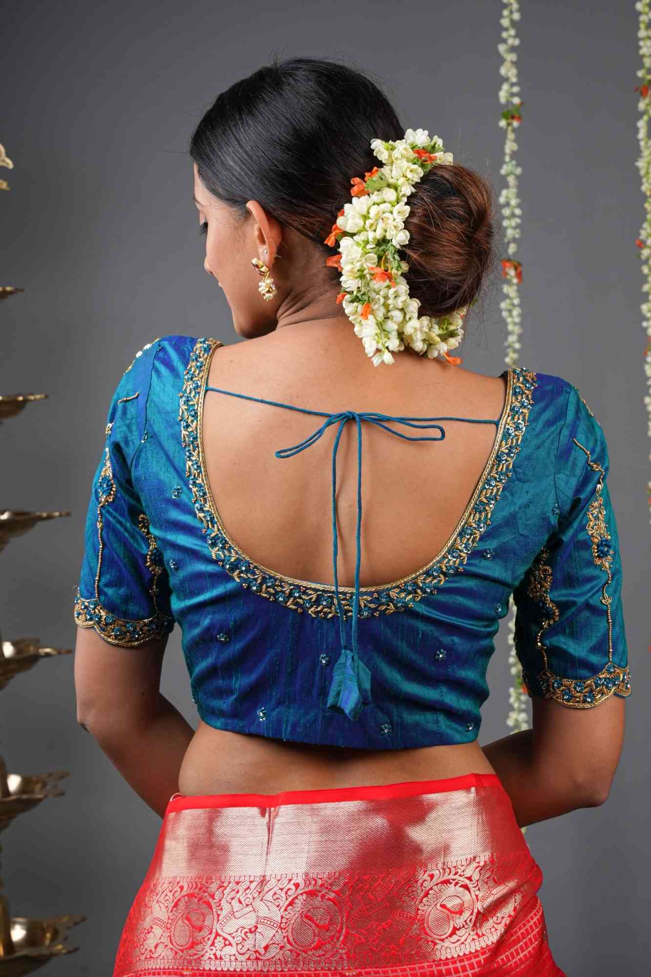 Made to Order: Peacock Blue Pure Raw Silk Blouse with Zardozi and Bead detailing