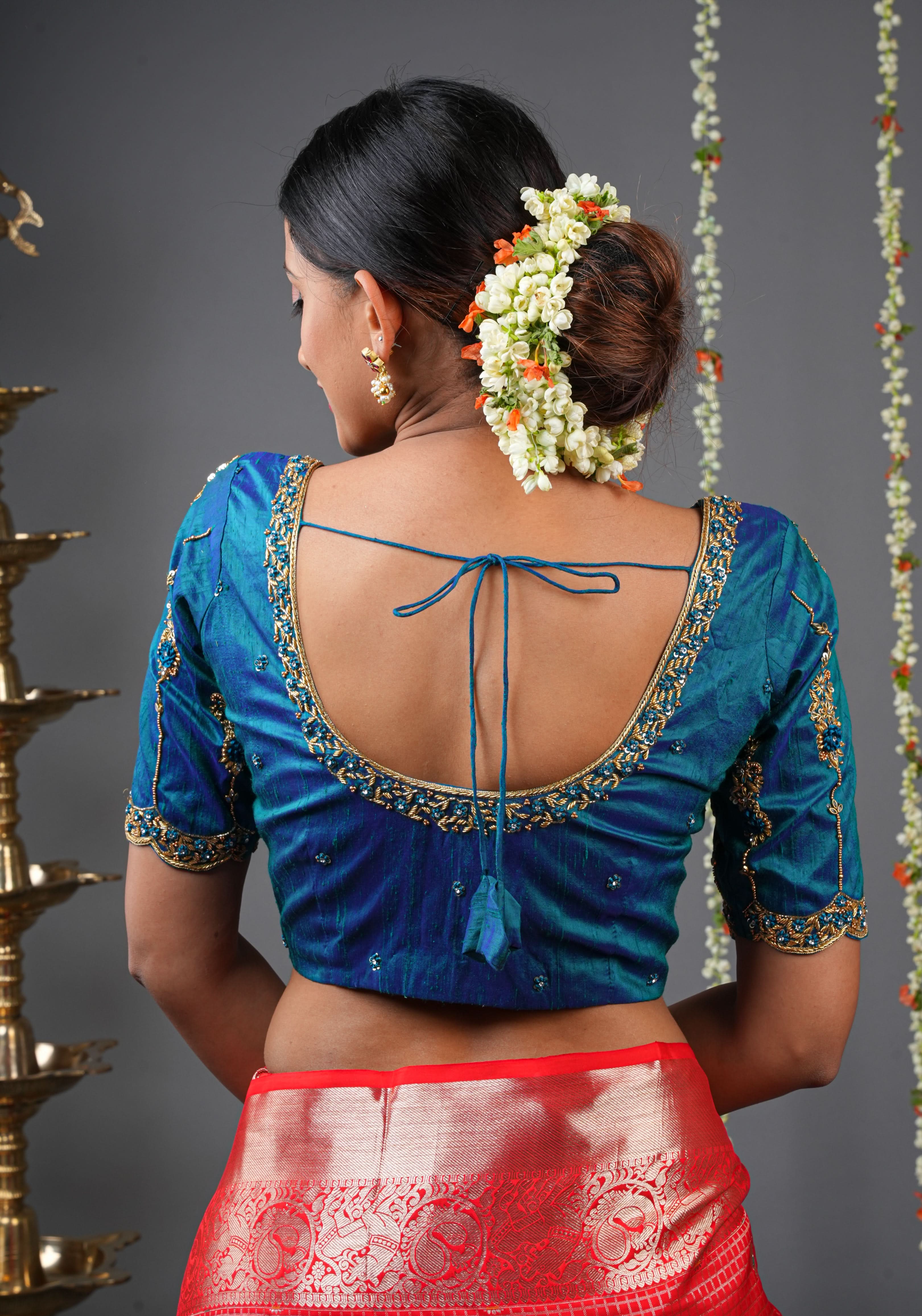 Made to Order: Peacock Blue Pure Raw Silk Blouse with Zardozi and Bead detailing | Shobitam