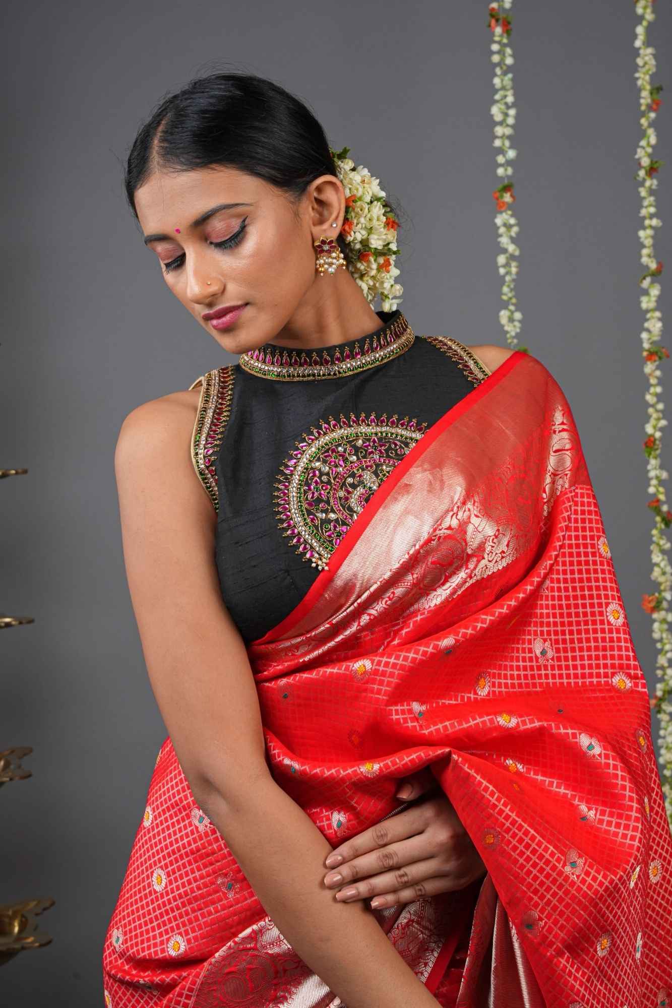 Statement Black Halter Neck Pure Raw Silk Blouse with Kemp Handwork Mandala, Made to Order