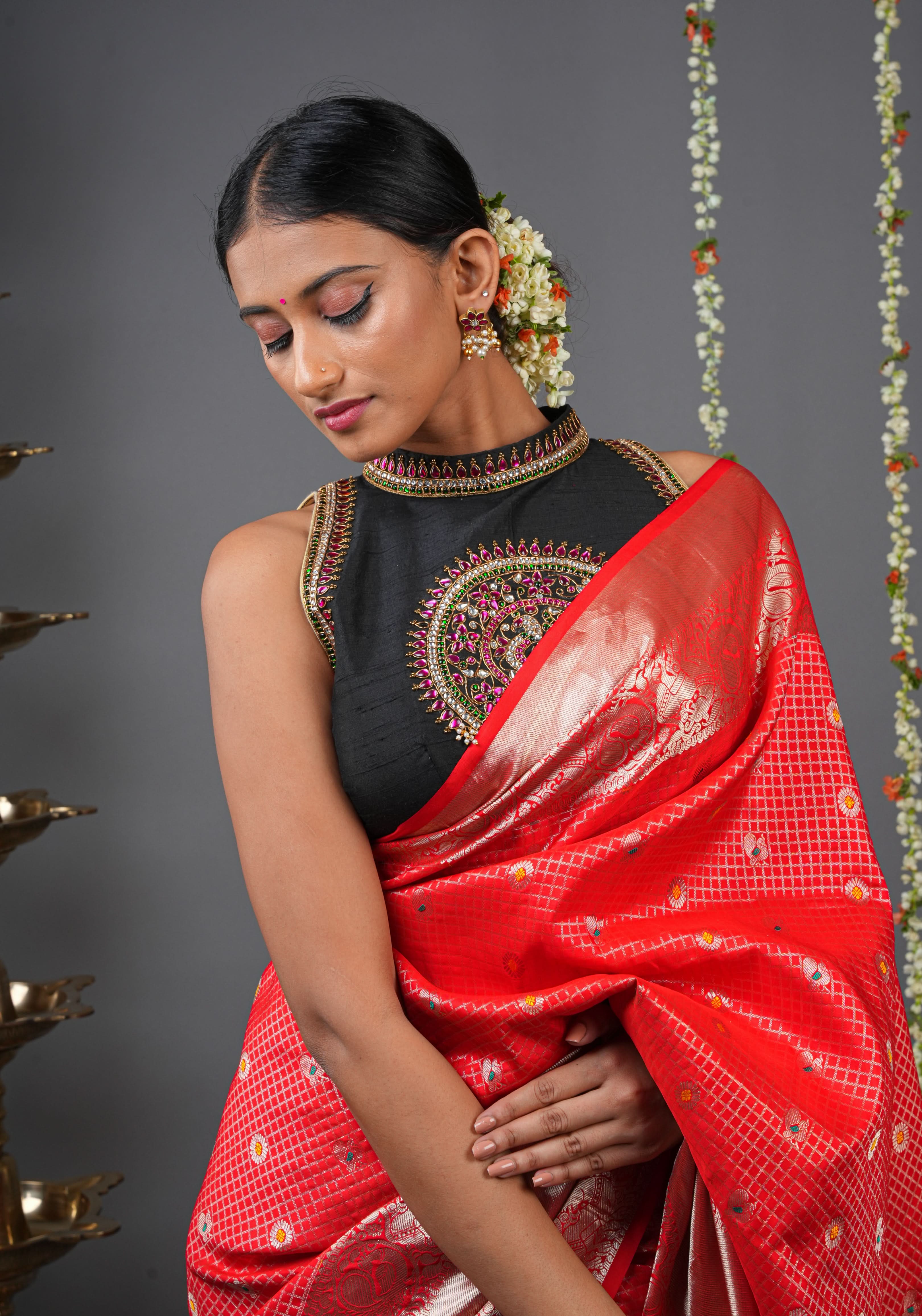 Statement Black Halter Neck Pure Raw Silk Blouse with Kemp Handwork Mandala, Made to Order | Shobitam