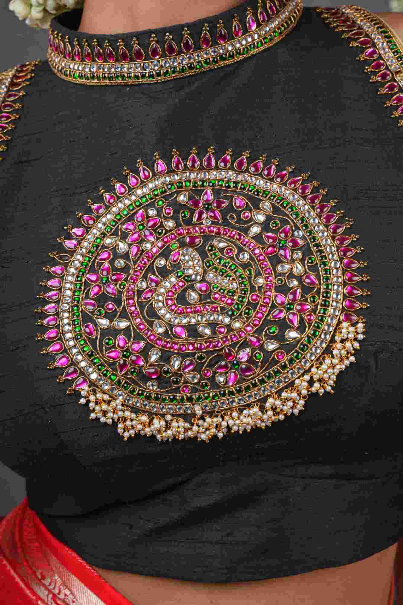 Statement Black Halter Neck Pure Raw Silk Blouse with Kemp Handwork Mandala, Made to Order