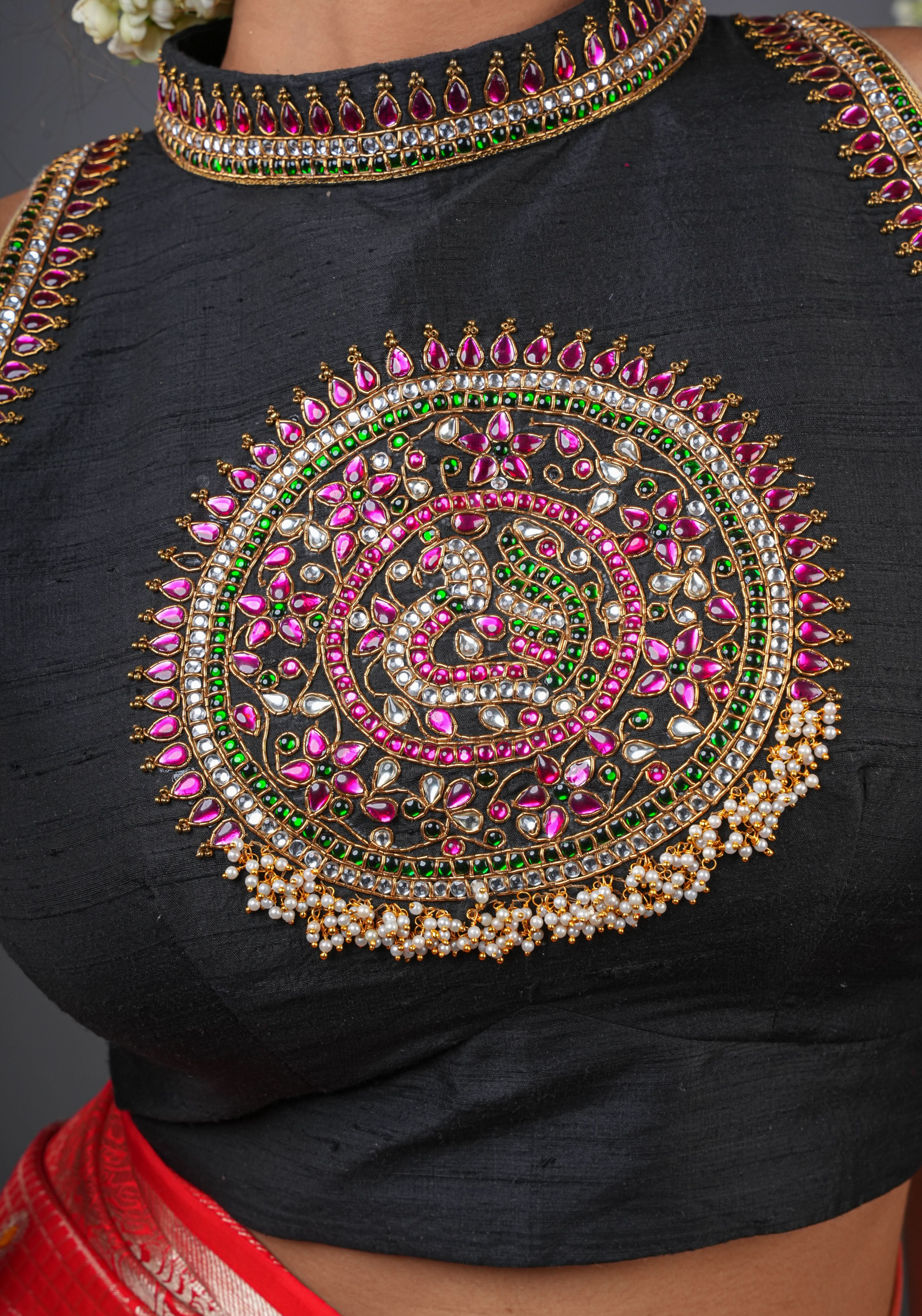 Statement Black Halter Neck Pure Raw Silk Blouse with Kemp Handwork Mandala, Made to Order | Shobitam