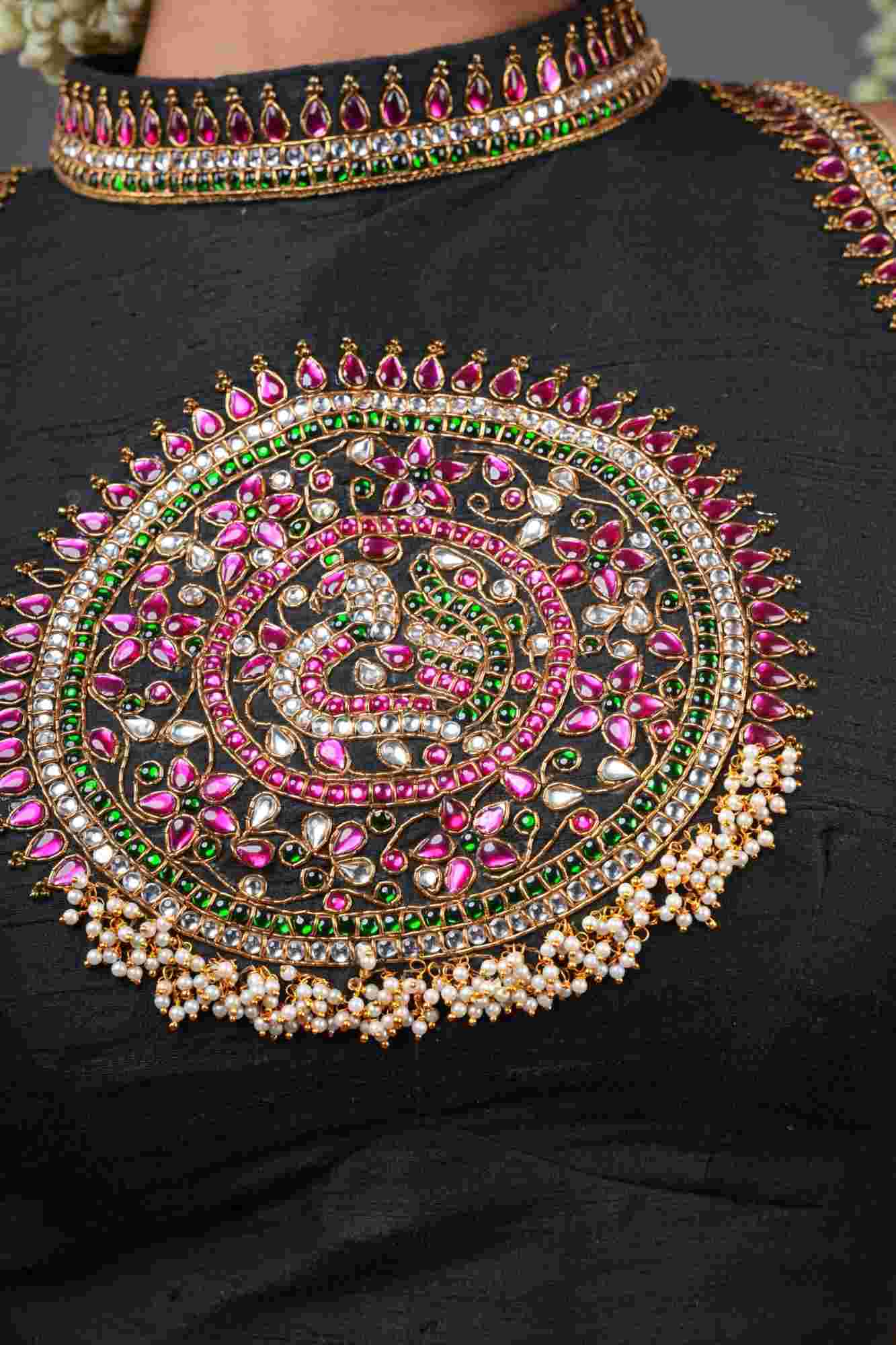 Statement Black Halter Neck Pure Raw Silk Blouse with Kemp Handwork Mandala, Made to Order