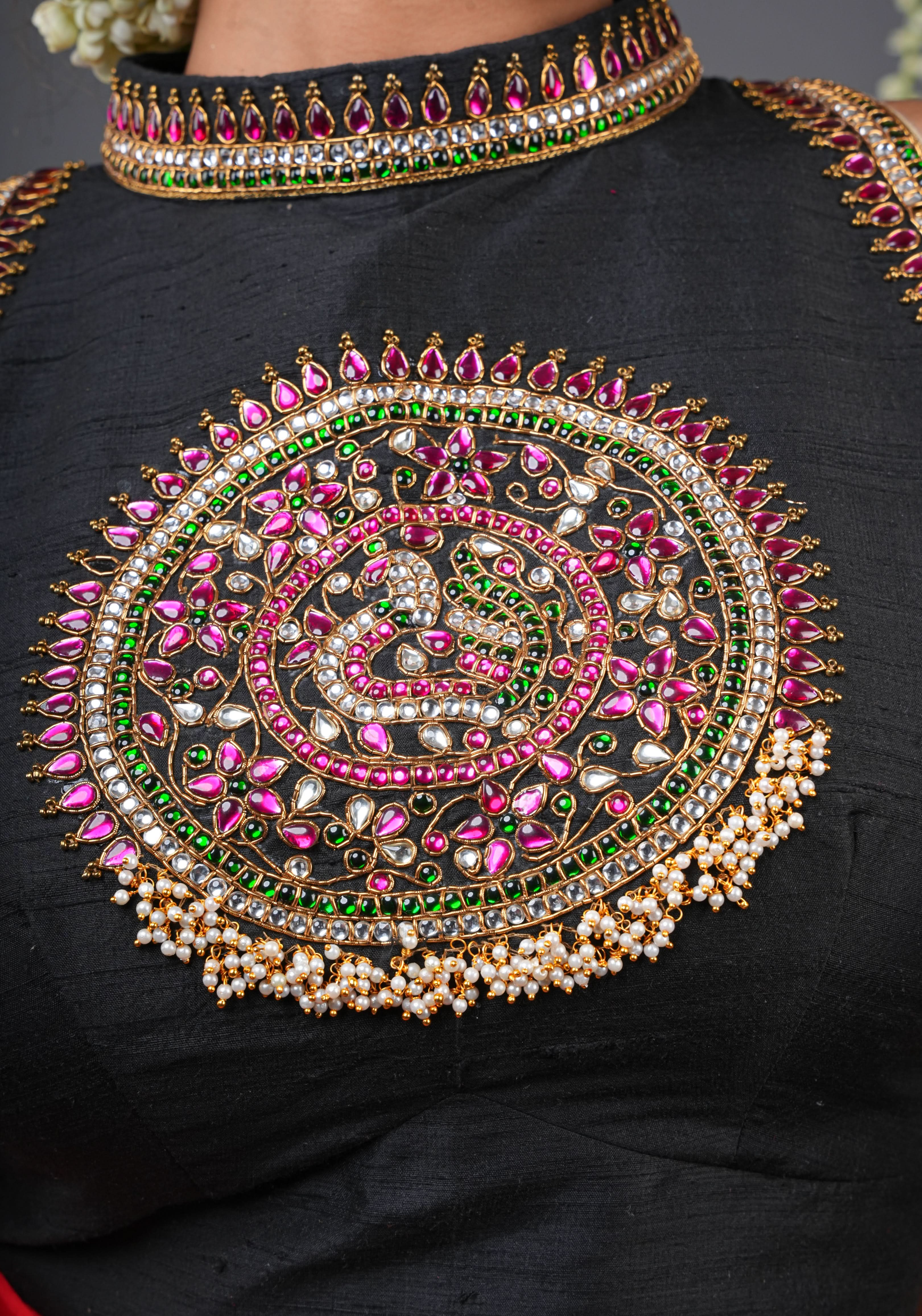Statement Black Halter Neck Pure Raw Silk Blouse with Kemp Handwork Mandala, Made to Order | Shobitam
