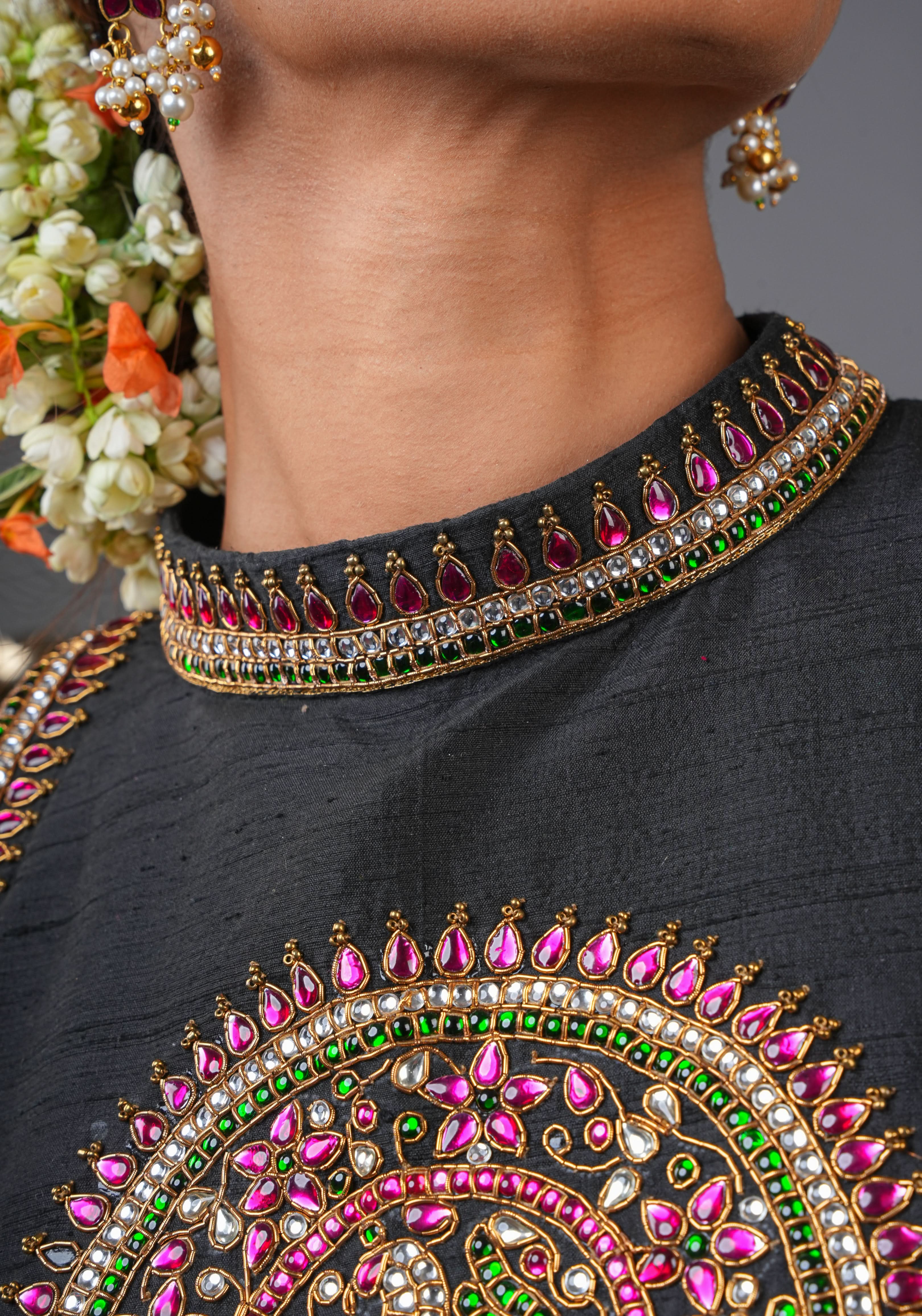 Statement Black Halter Neck Pure Raw Silk Blouse with Kemp Handwork Mandala, Made to Order | Shobitam