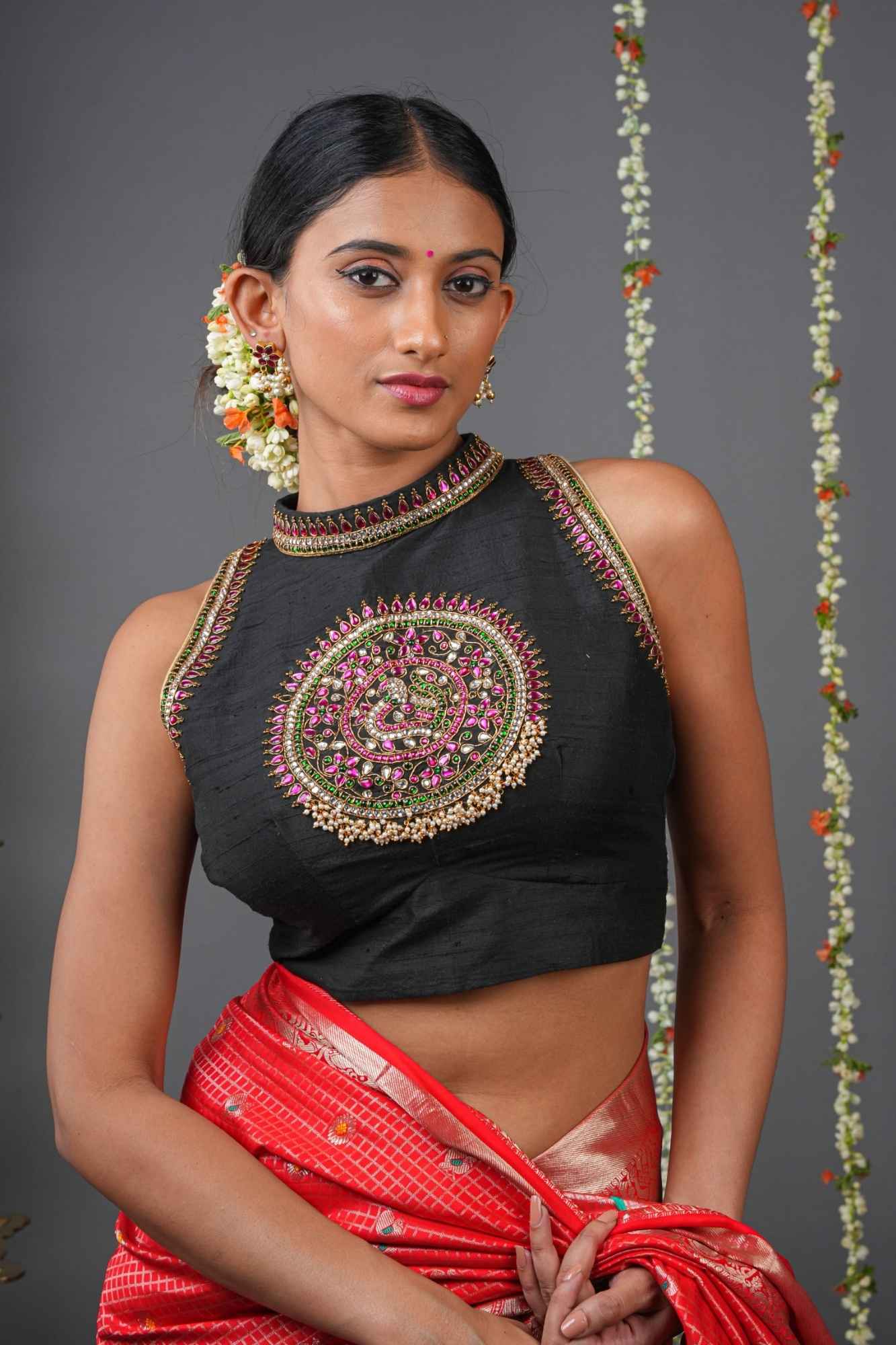 Statement Black Halter Neck Pure Raw Silk Blouse with Kemp Handwork Mandala, Made to Order