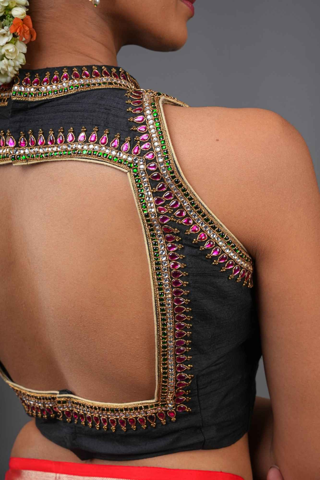 Statement Black Halter Neck Pure Raw Silk Blouse with Kemp Handwork Mandala, Made to Order