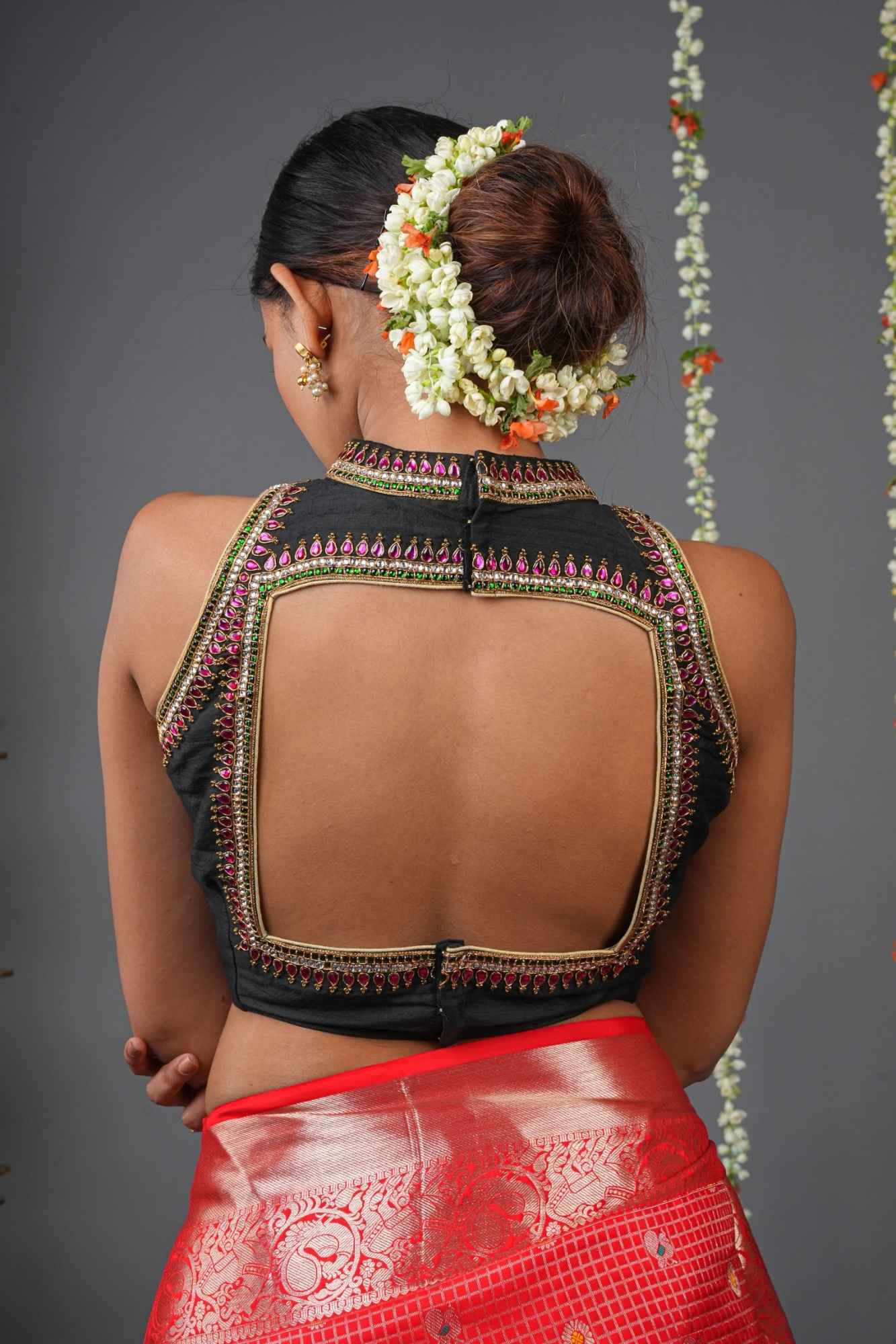 Statement Black Halter Neck Pure Raw Silk Blouse with Kemp Handwork Mandala, Made to Order