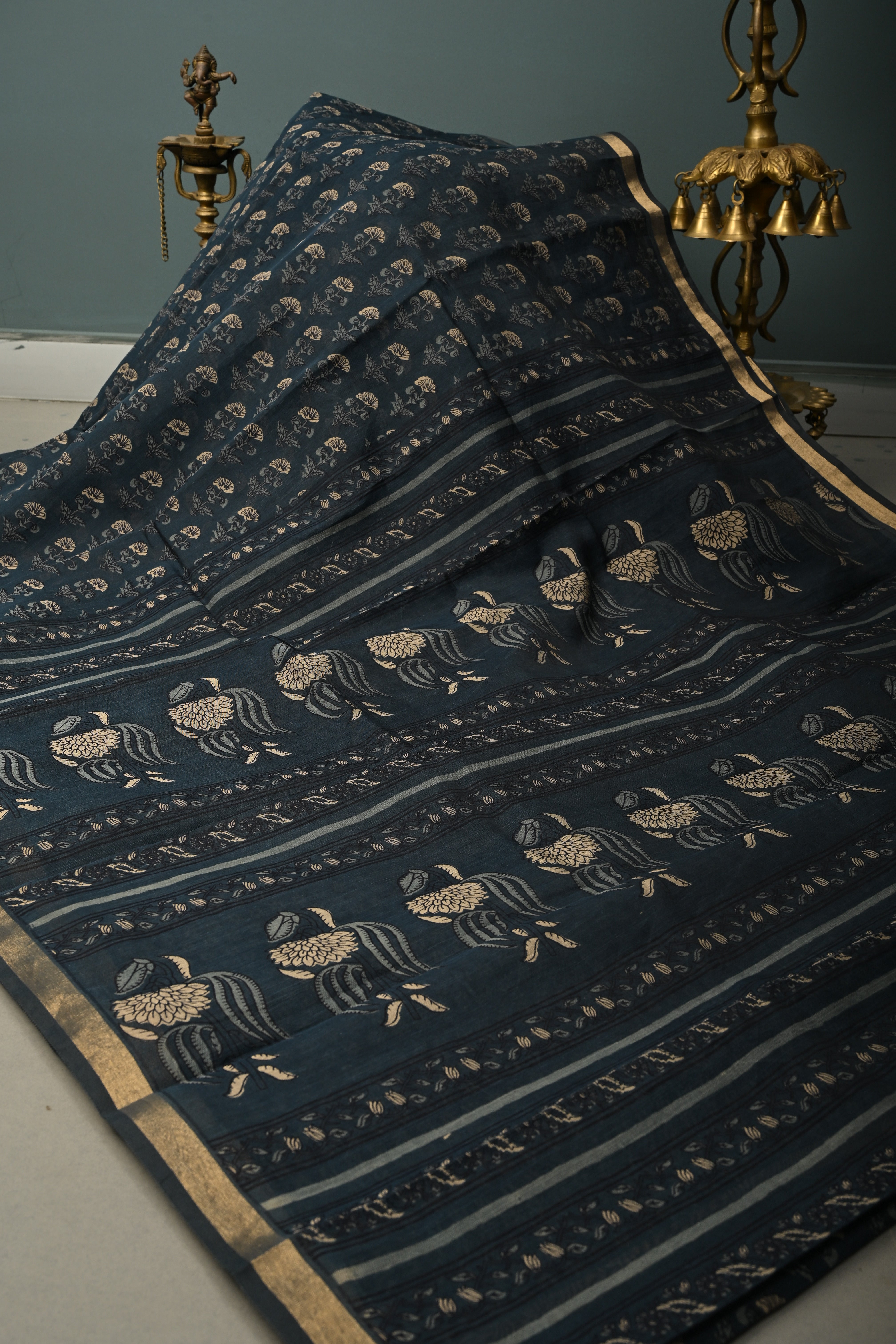 Deep Blue Mercerized cotton Saree with Hand Block Print and Minimal Zari Border | Shobitam