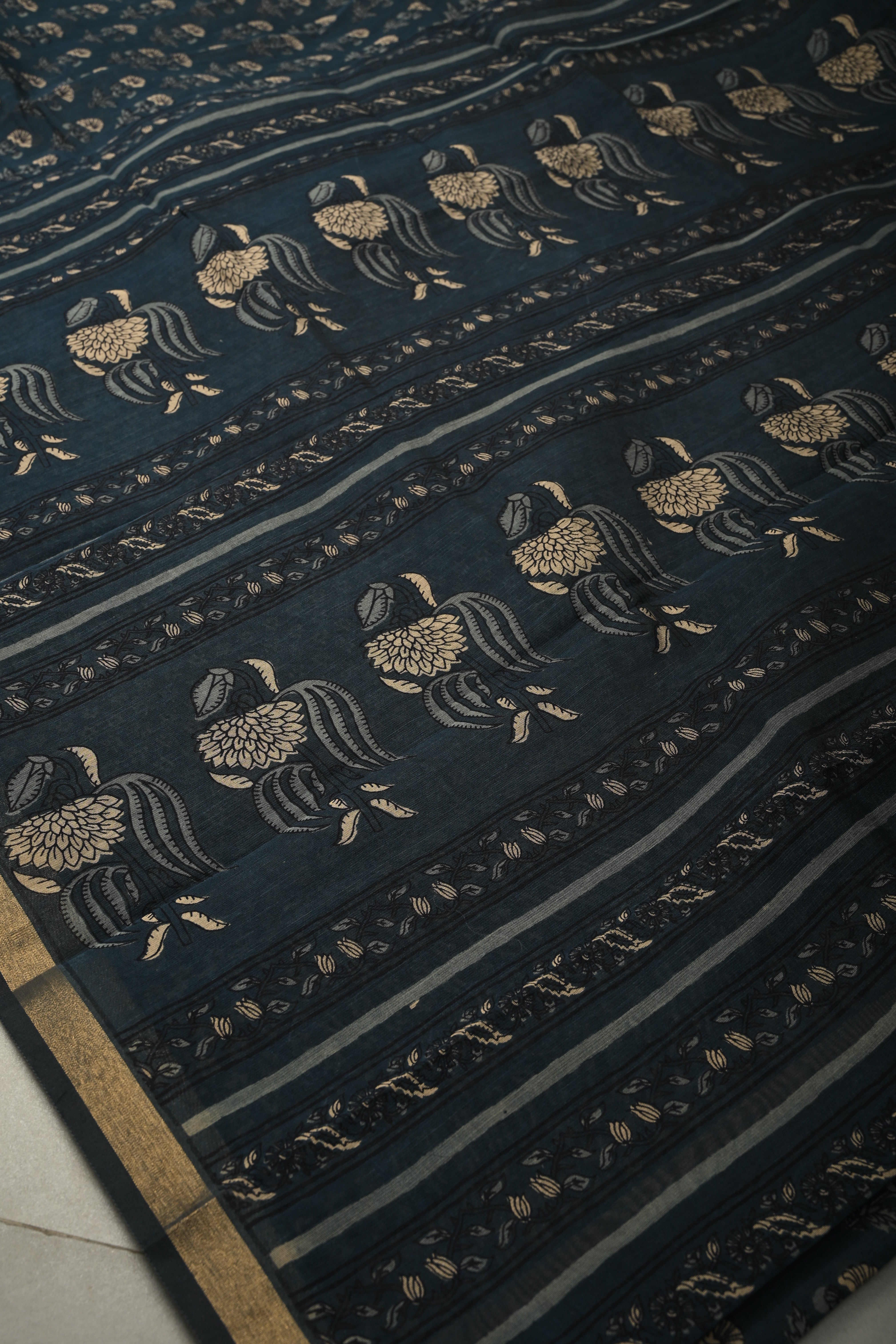 Deep Blue Mercerized cotton Saree with Hand Block Print and Minimal Zari Border | Shobitam