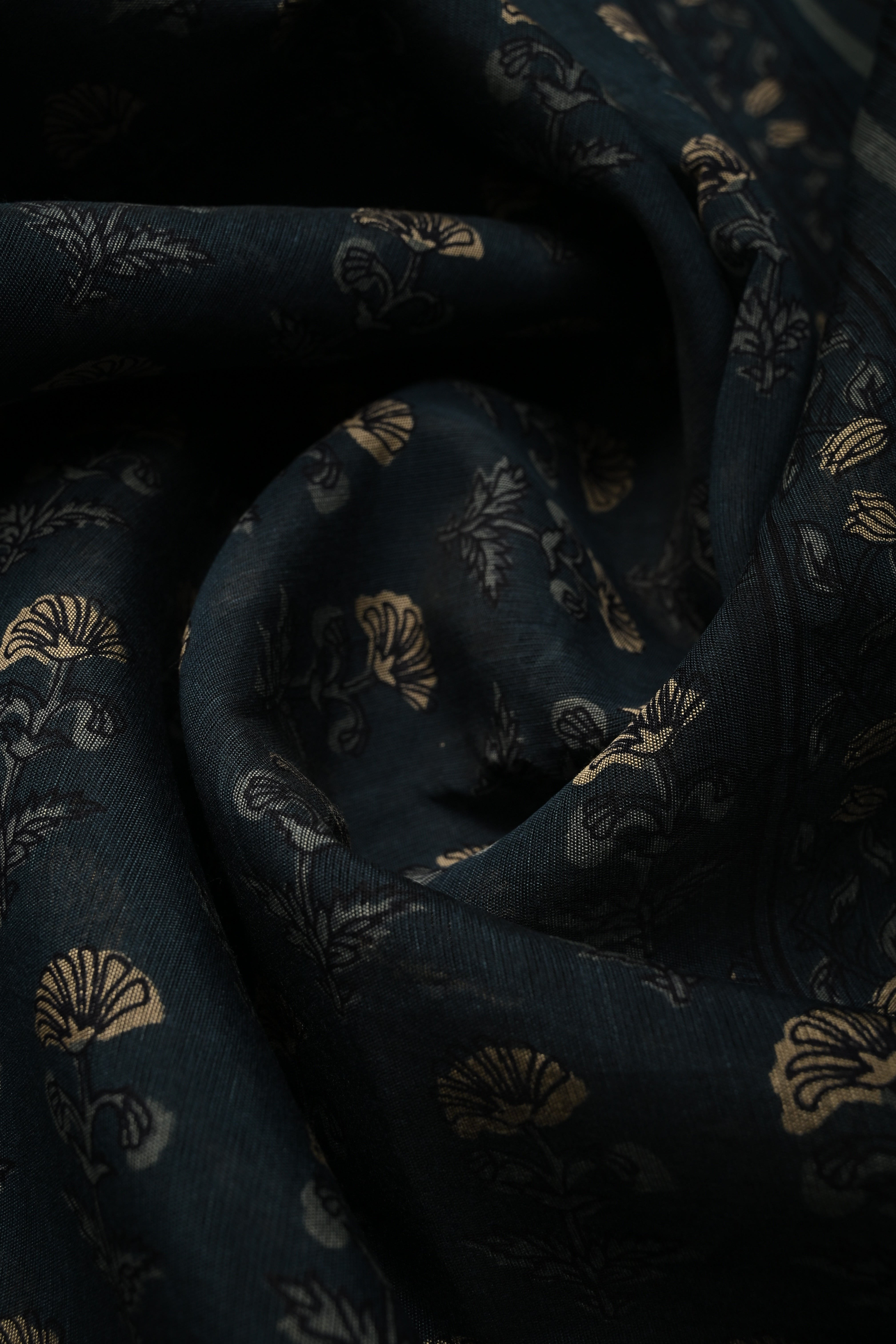 Deep Blue Mercerized cotton Saree with Hand Block Print and Minimal Zari Border | Shobitam