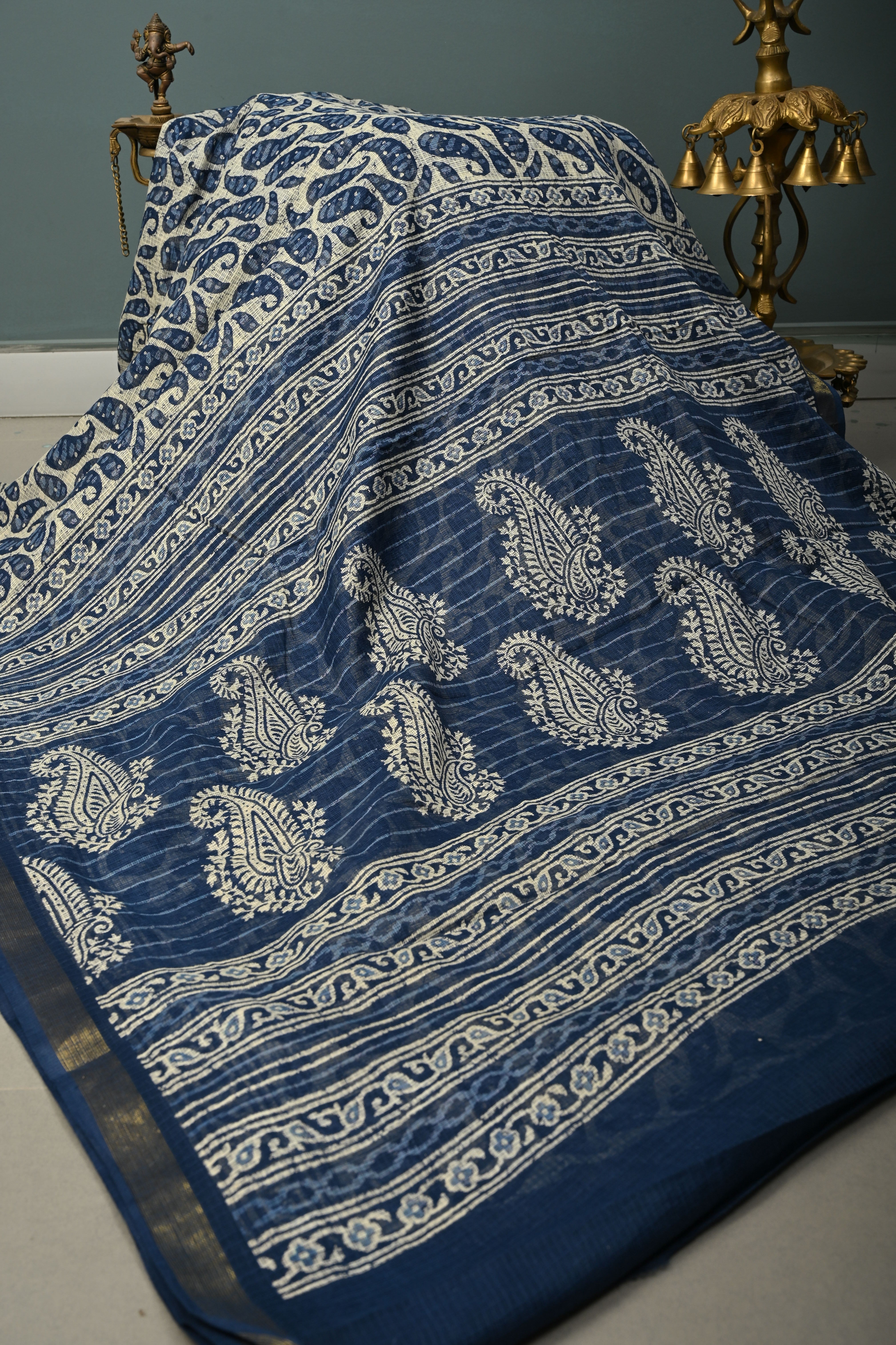 Beige Kota Doria Cotton Saree with Paisley Hand Block Print and Minimal Tissue Zari Border | Shobitam