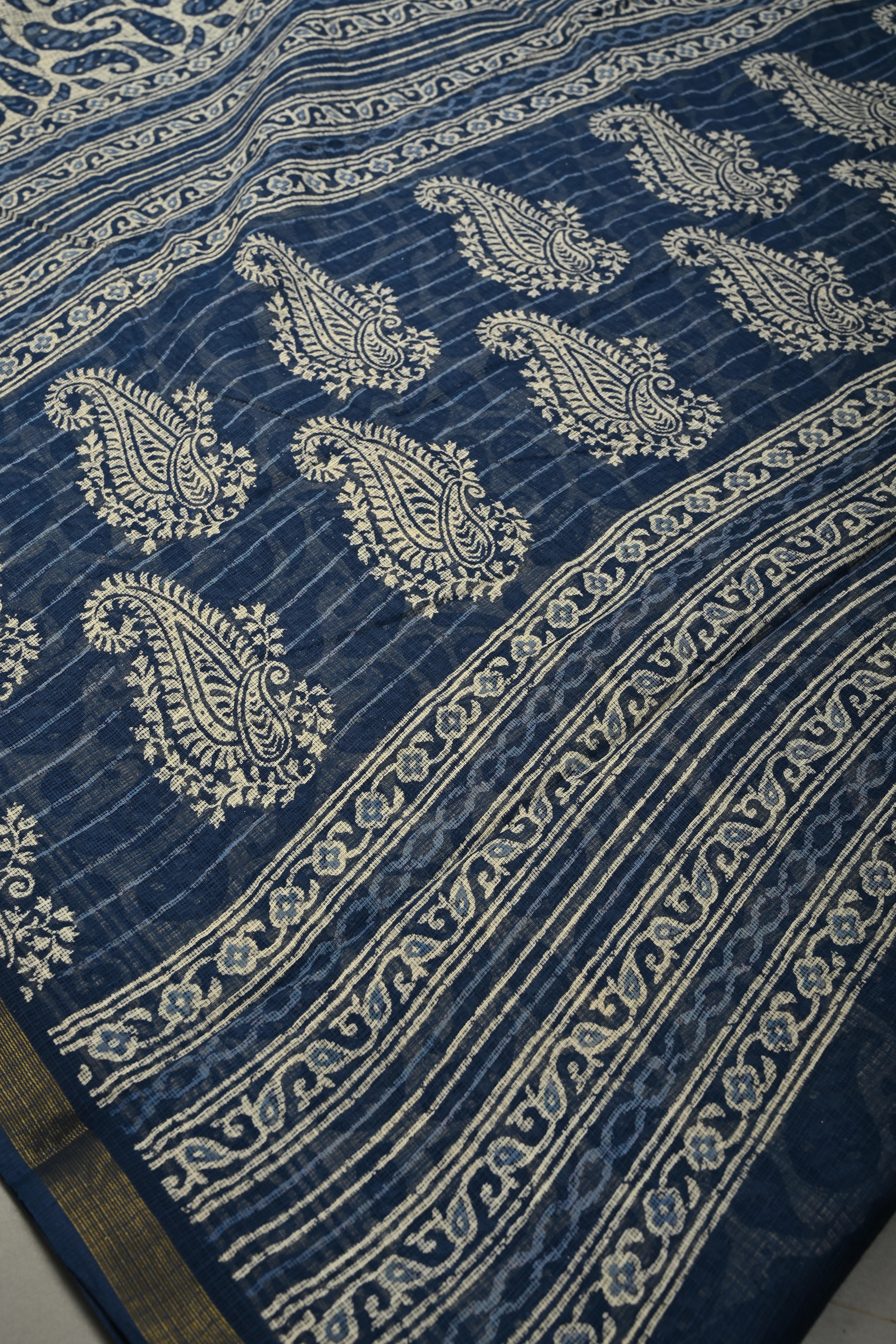 Beige Kota Doria Cotton Saree with Paisley Hand Block Print and Minimal Tissue Zari Border | Shobitam