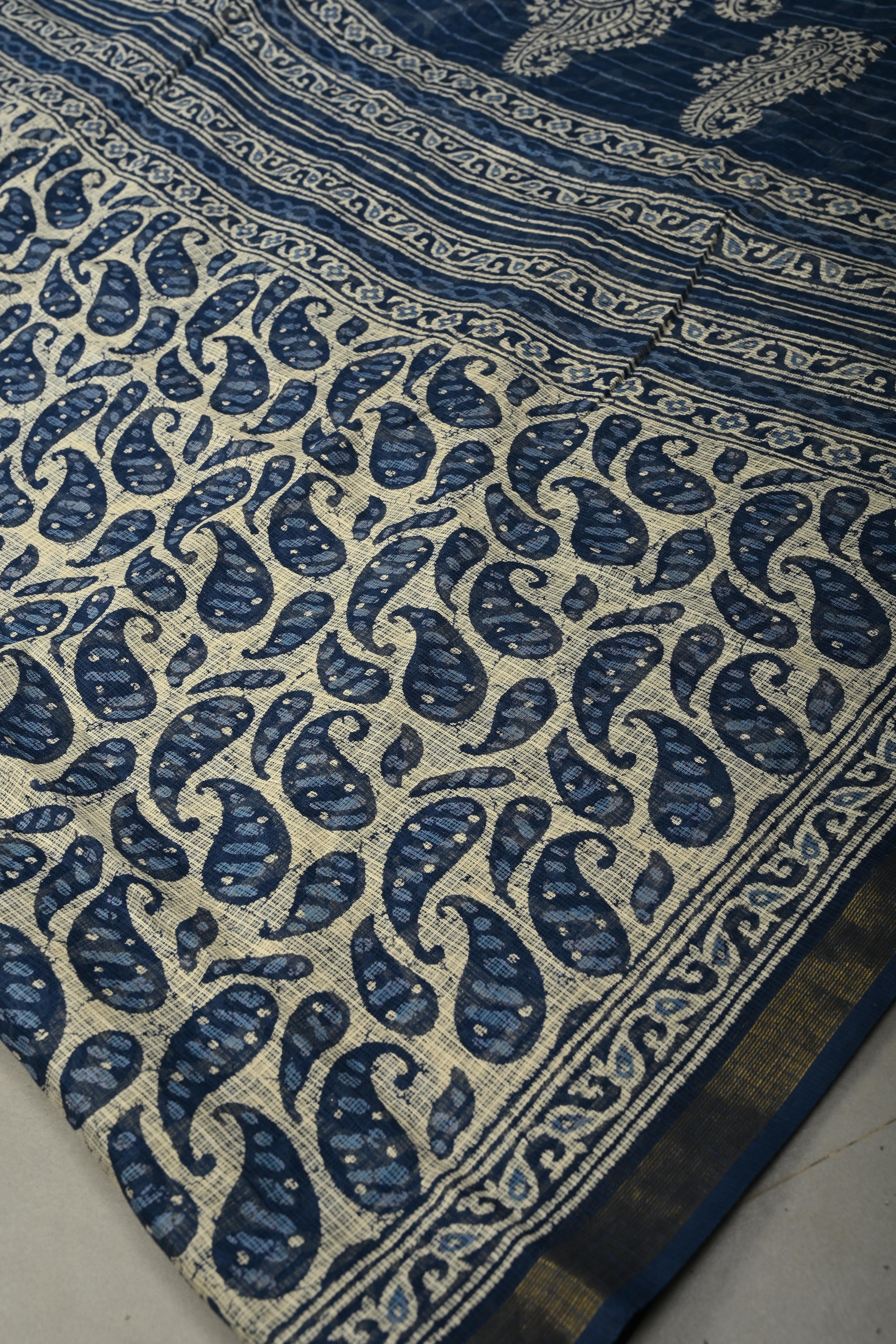 Beige Kota Doria Cotton Saree with Paisley Hand Block Print and Minimal Tissue Zari Border | Shobitam