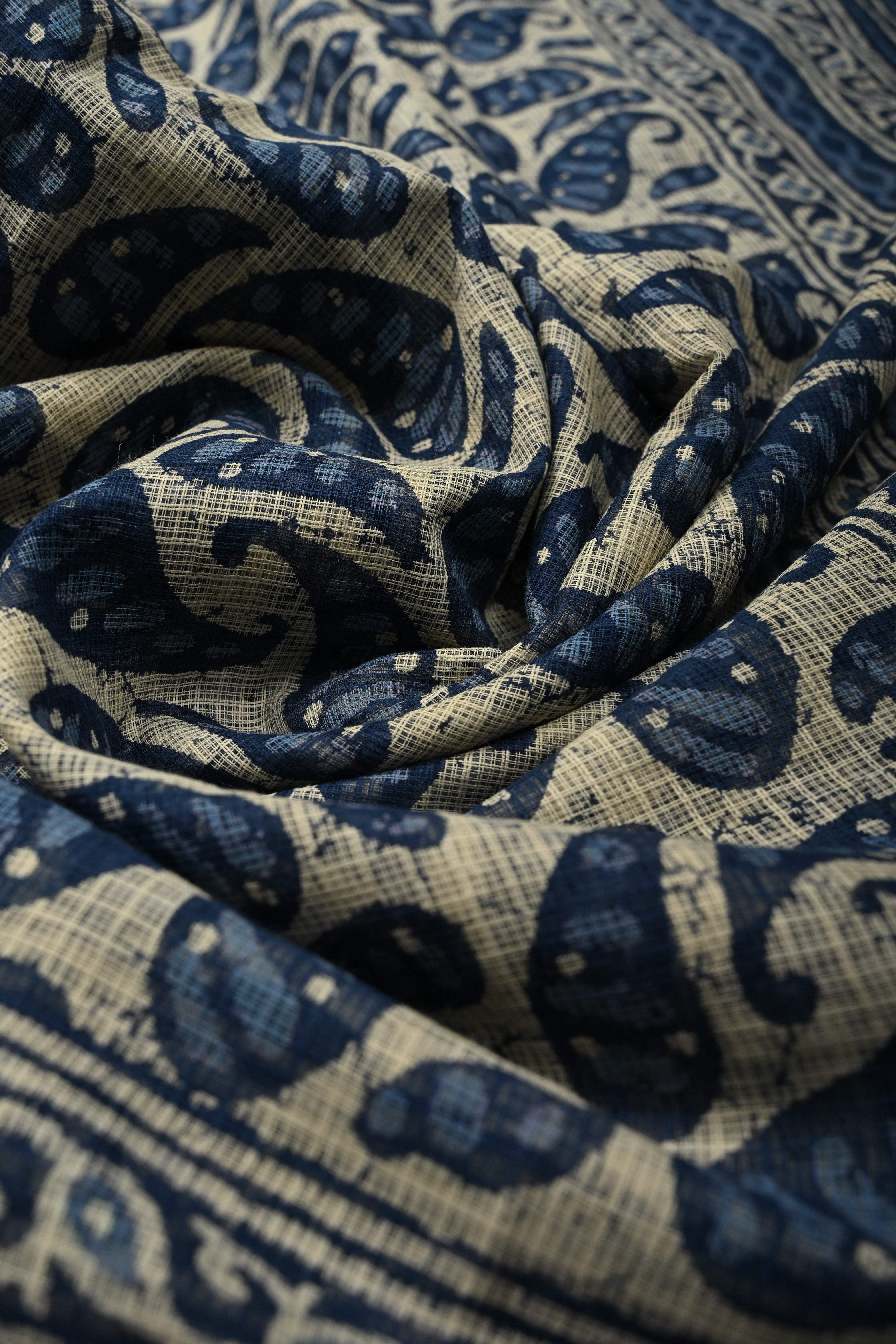 Beige Kota Doria Cotton Saree with Paisley Hand Block Print and Minimal Tissue Zari Border | Shobitam