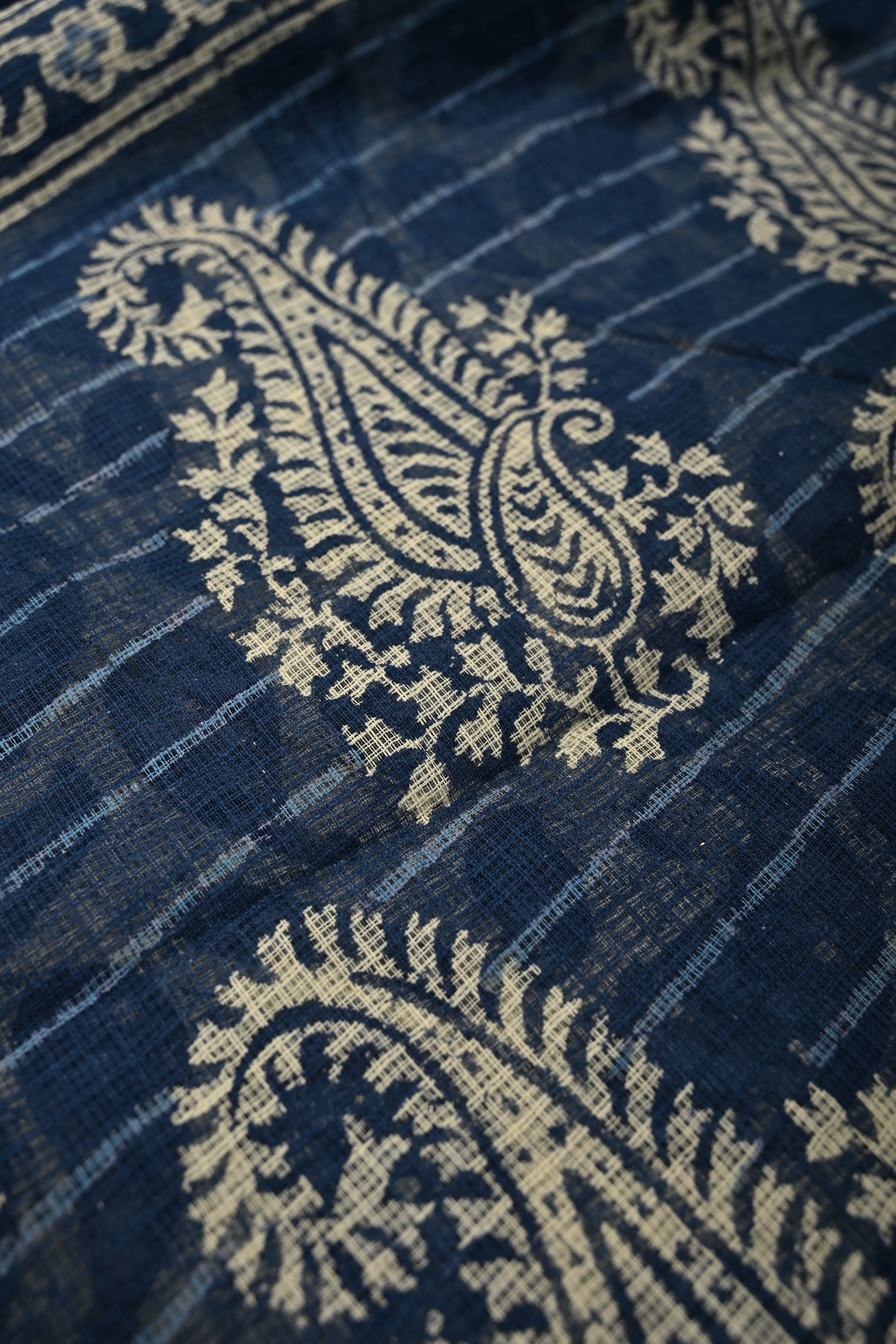 Beige Kota Doria Cotton Saree with Paisley Hand Block Print and Minimal Tissue Zari Border | Shobitam