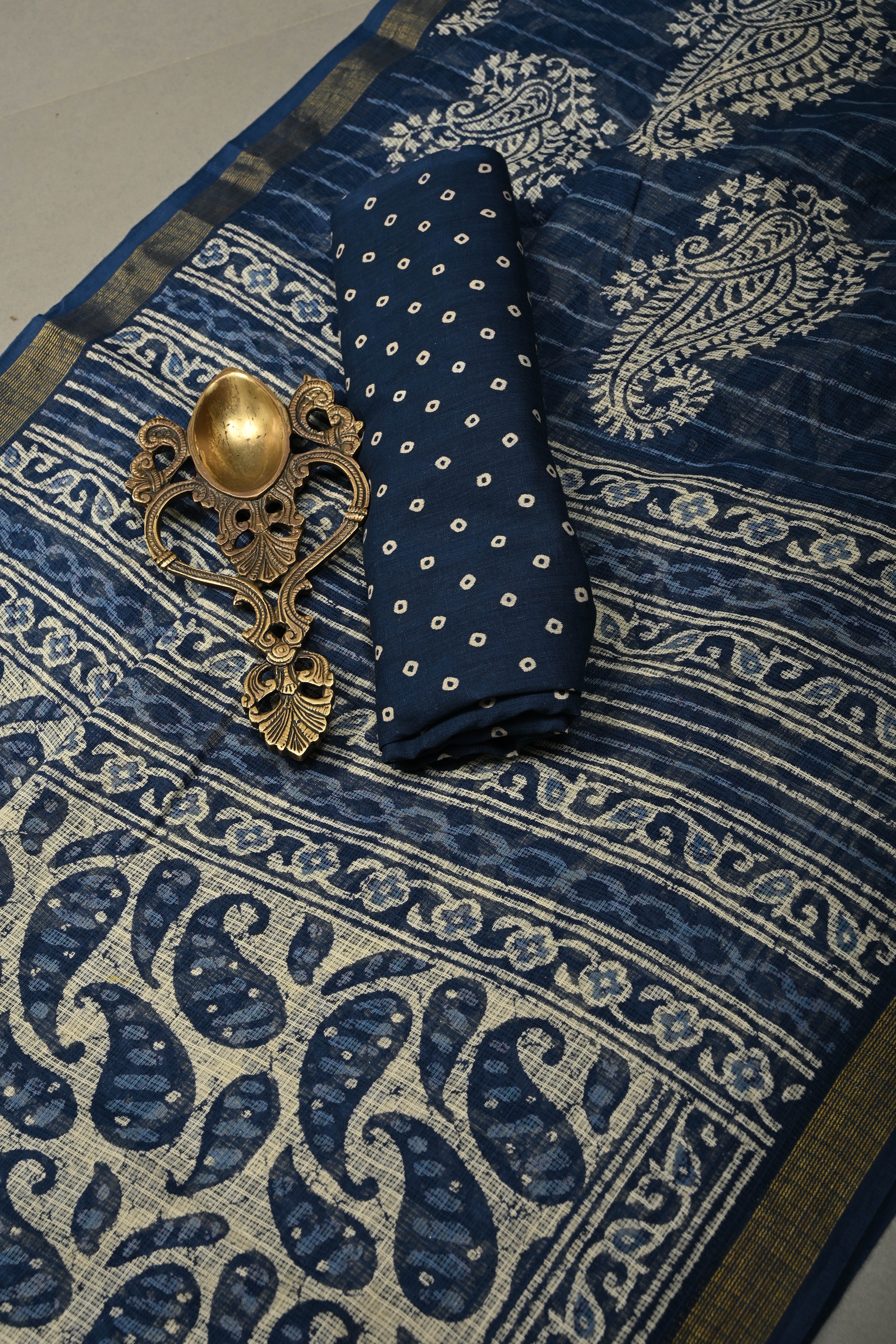 Beige Kota Doria Cotton Saree with Paisley Hand Block Print and Minimal Tissue Zari Border | Shobitam