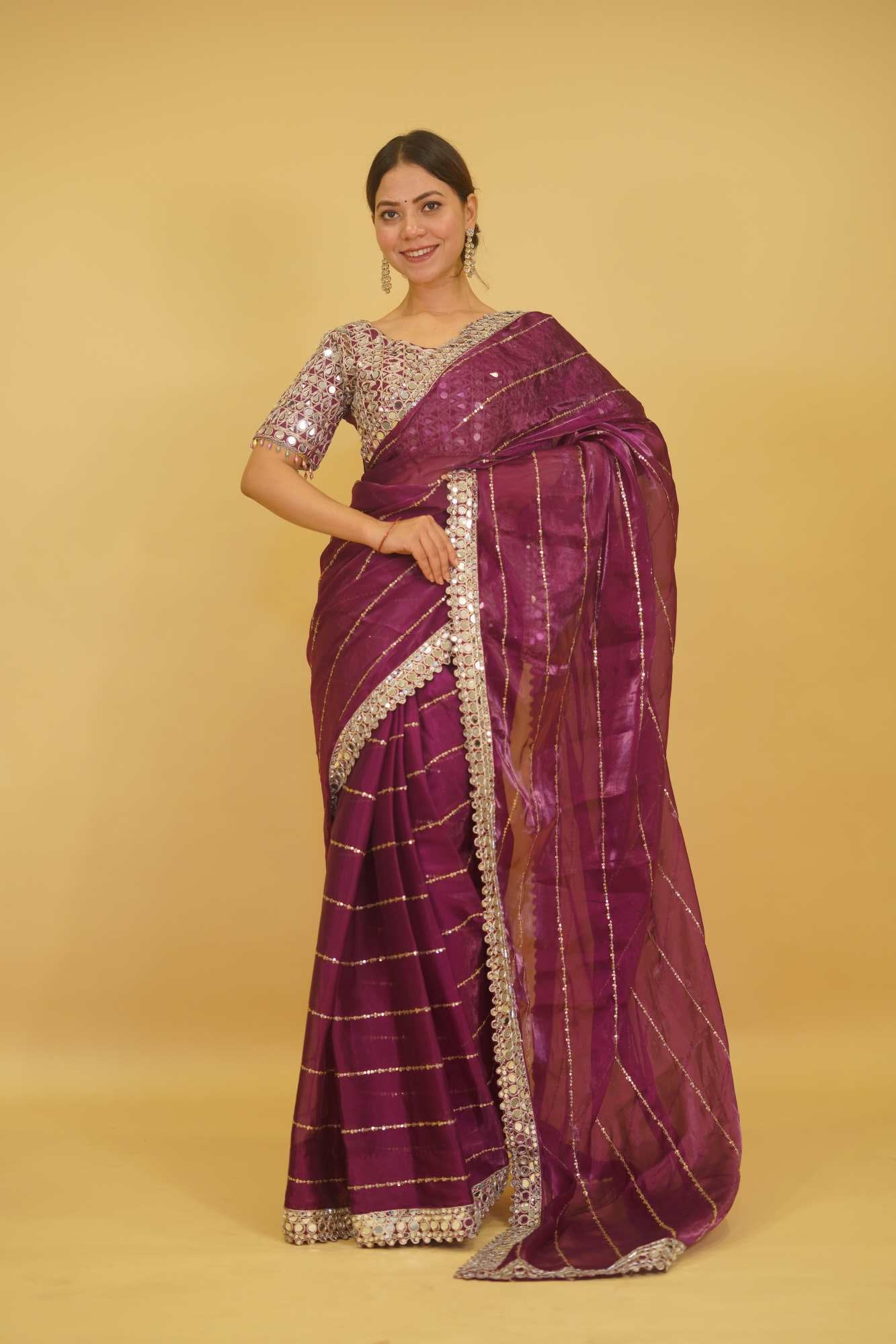 Soft Organza with Real Mirror Work Embroidery lace & Blouse Wrap in 1 Minute Saree