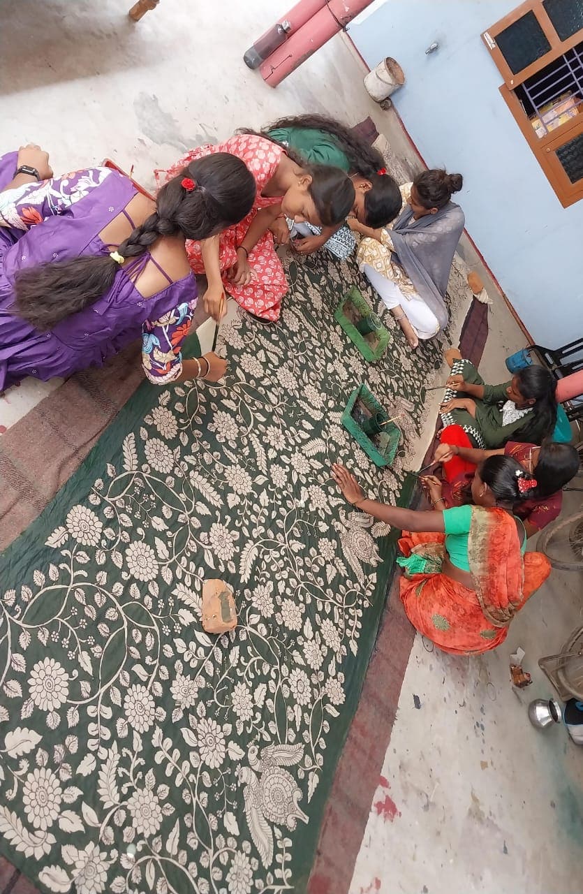 Pure Pen Kalamkari Blouse in olive green with peacock motifs and cutdana sequin hand work | Shobitam