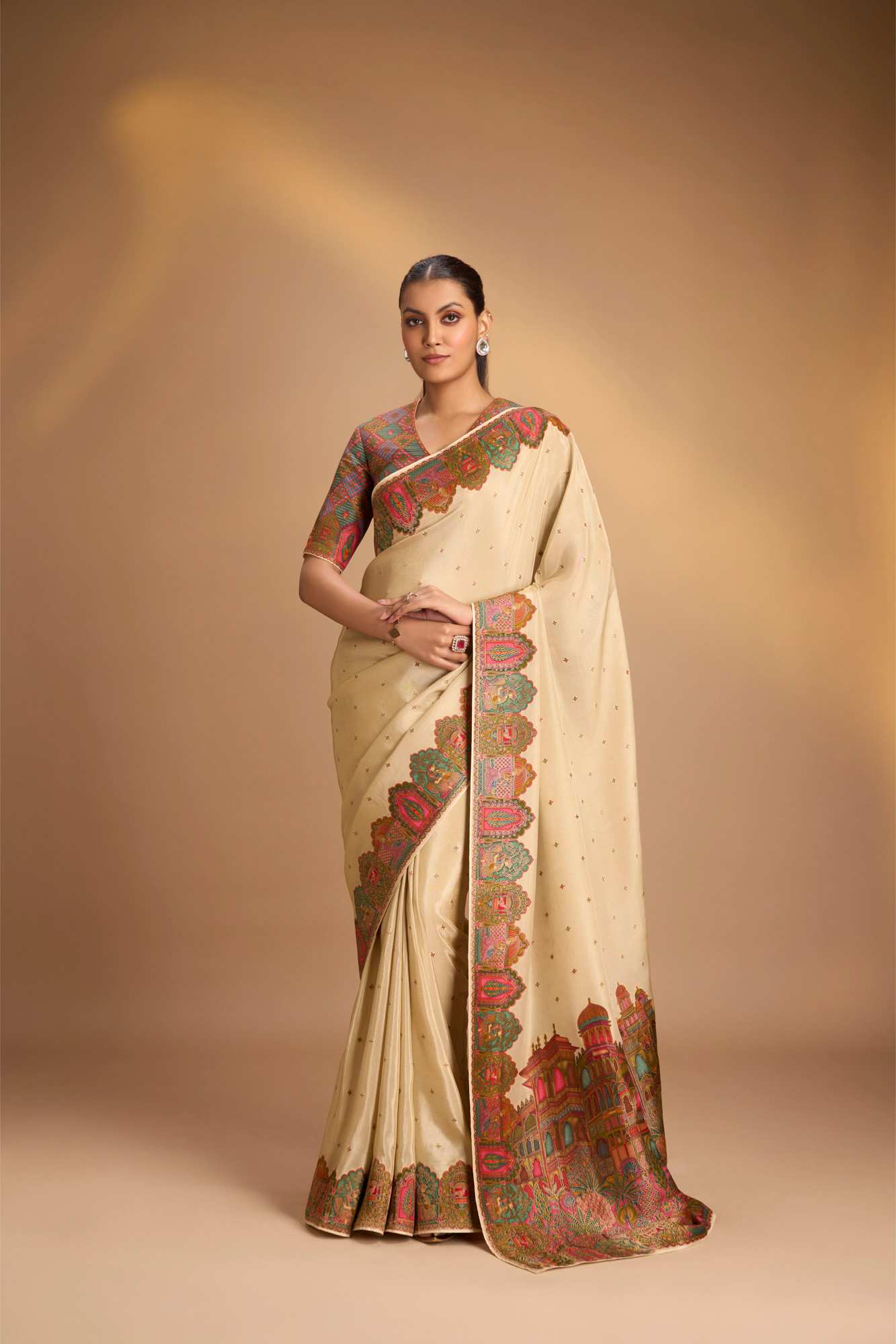 Beige Vegan Viscose Shimmer Tissue ready to wear Saree with Intricately Embroidery Border Ready to Wear Saree