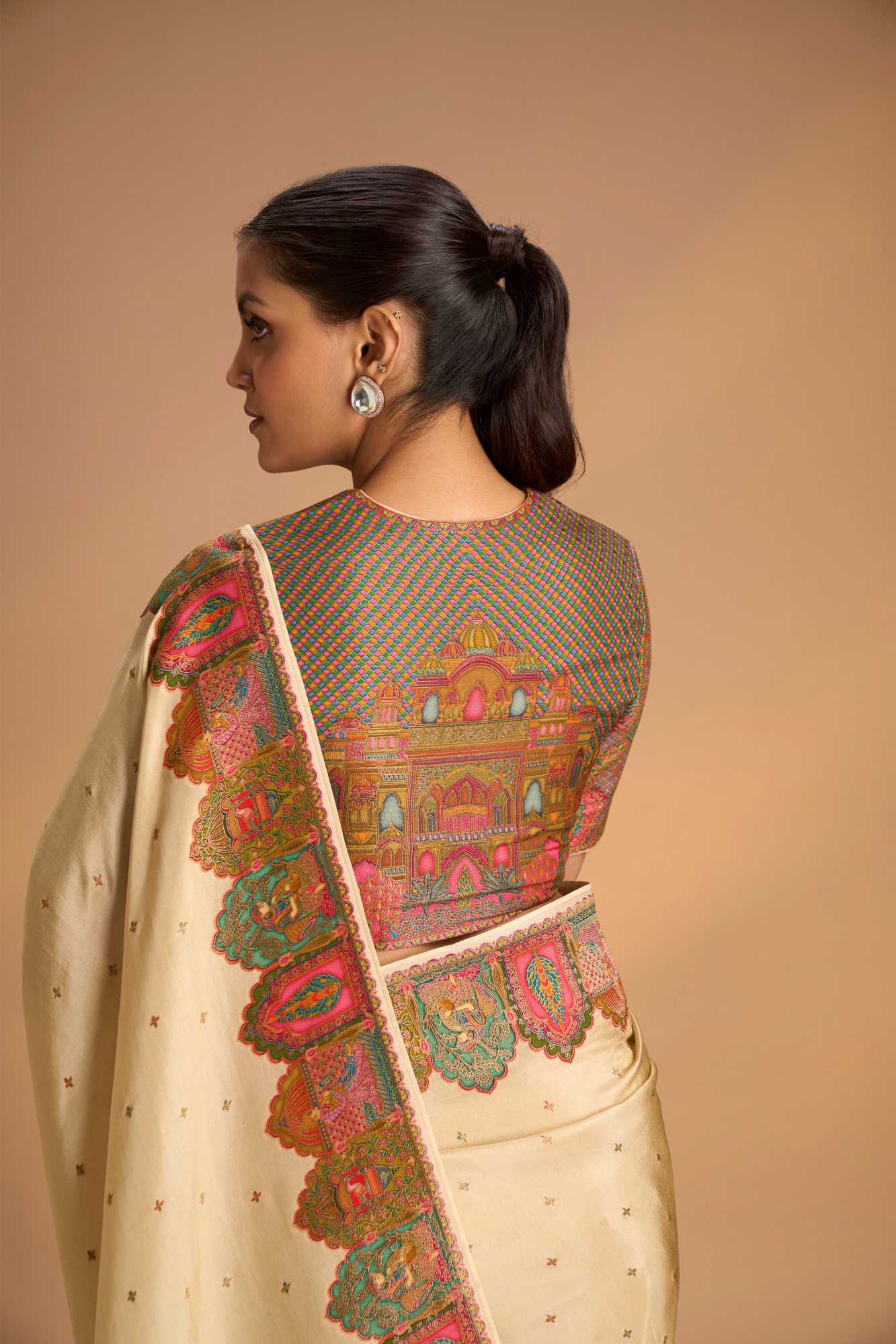 Beige Vegan Viscose Shimmer Tissue ready to wear Saree with Intricately Embroidery Border Ready to Wear Saree