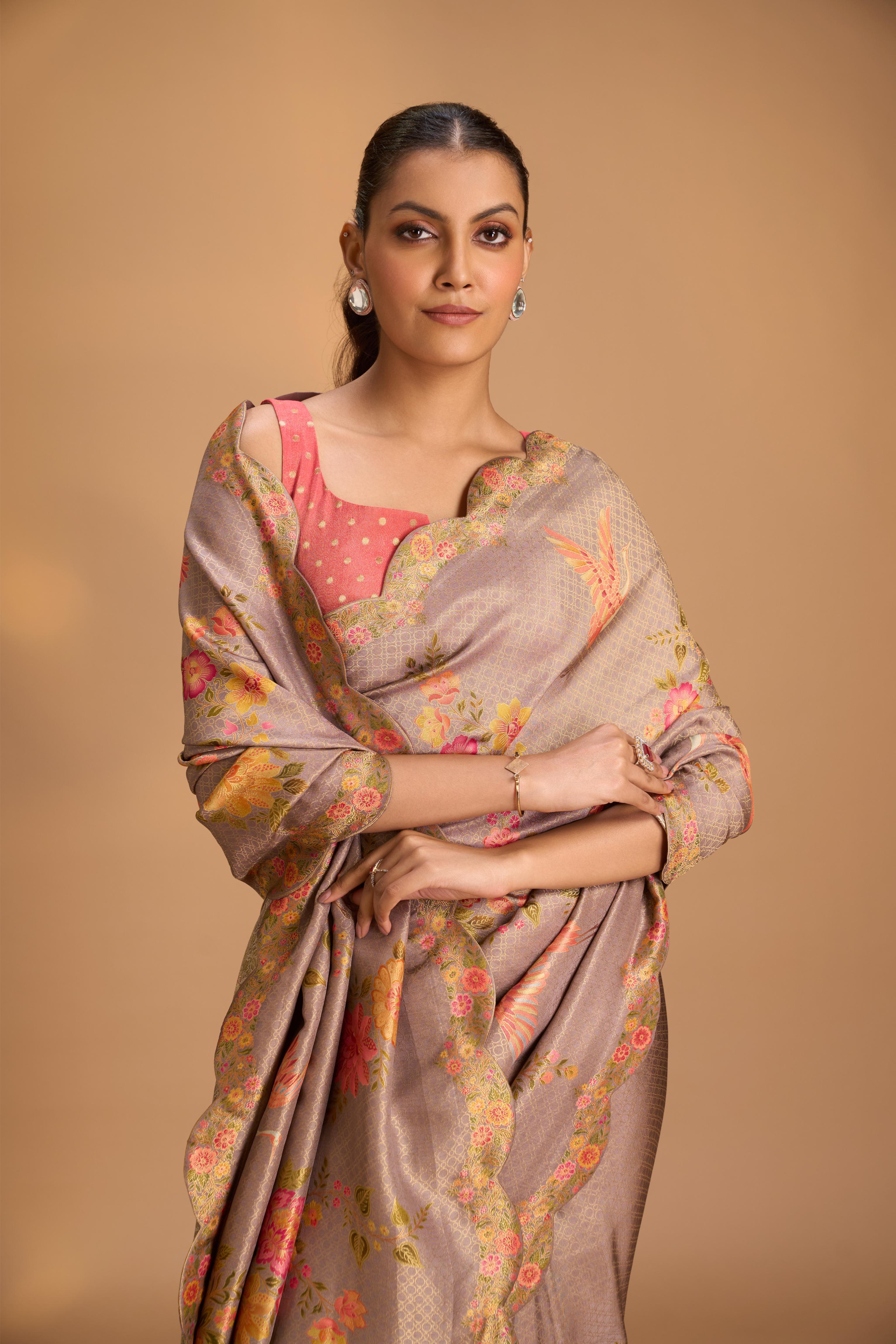 Brocade on Vegan Silk Saree in Pastel Lavender with Floral-Birds design and Scallop border | Shobitam