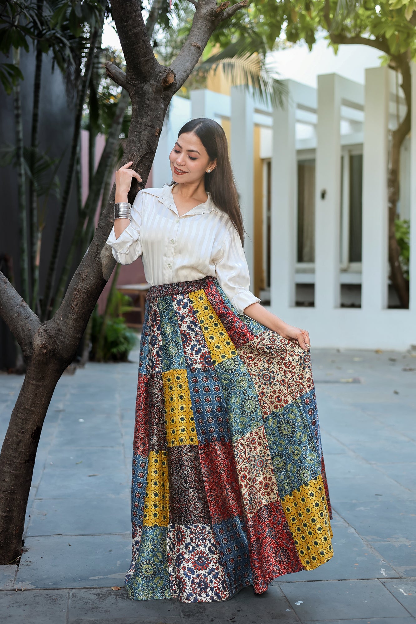 Multicolor Patch Work Modal Silk Skirt with Authentic Ajrakh Hand Block print, Statement Skirt, Made to Order