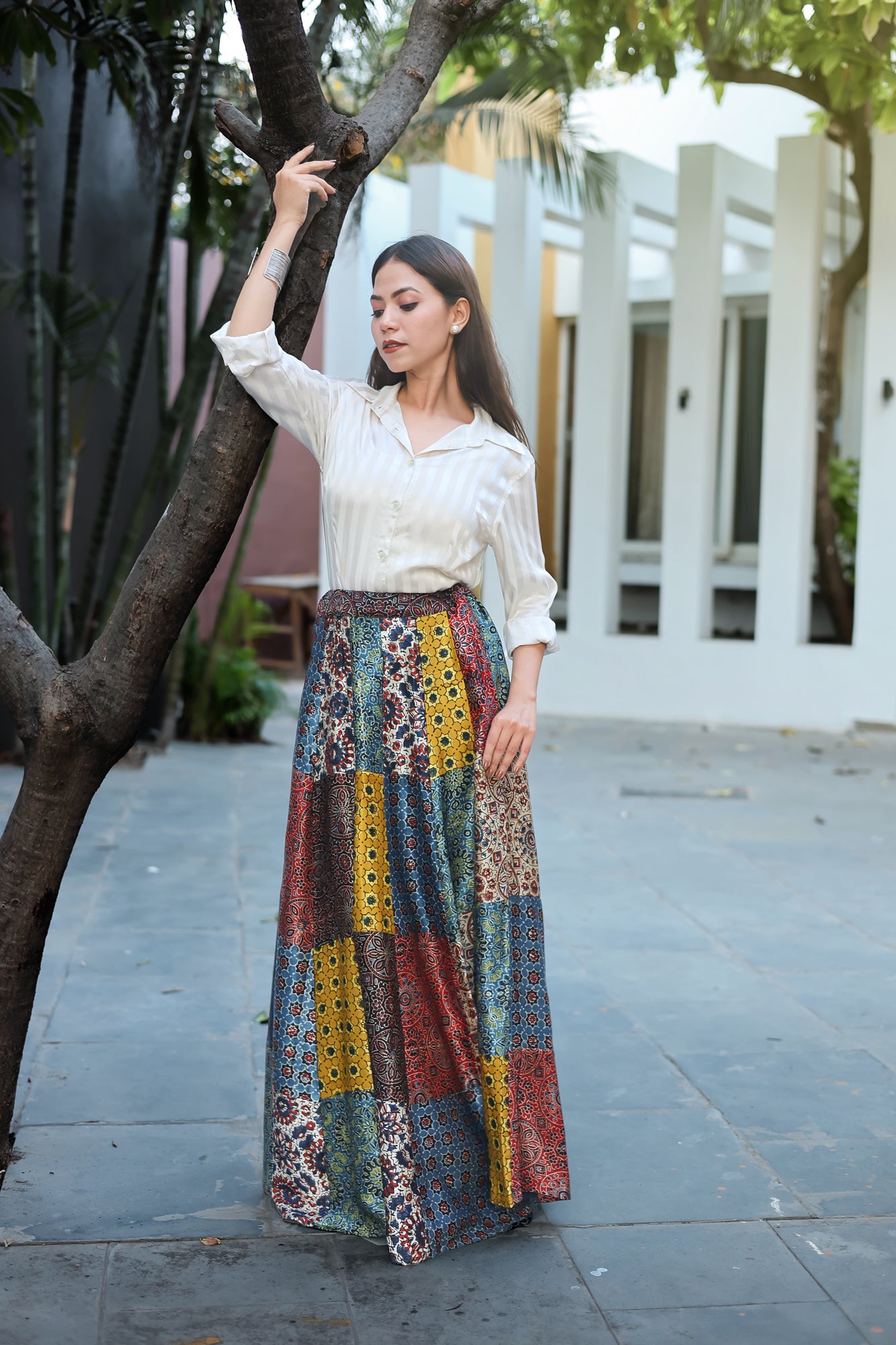 Multicolor Patch Work Modal Silk Skirt with Authentic Ajrakh Hand Block print, Statement Skirt, Made to Order