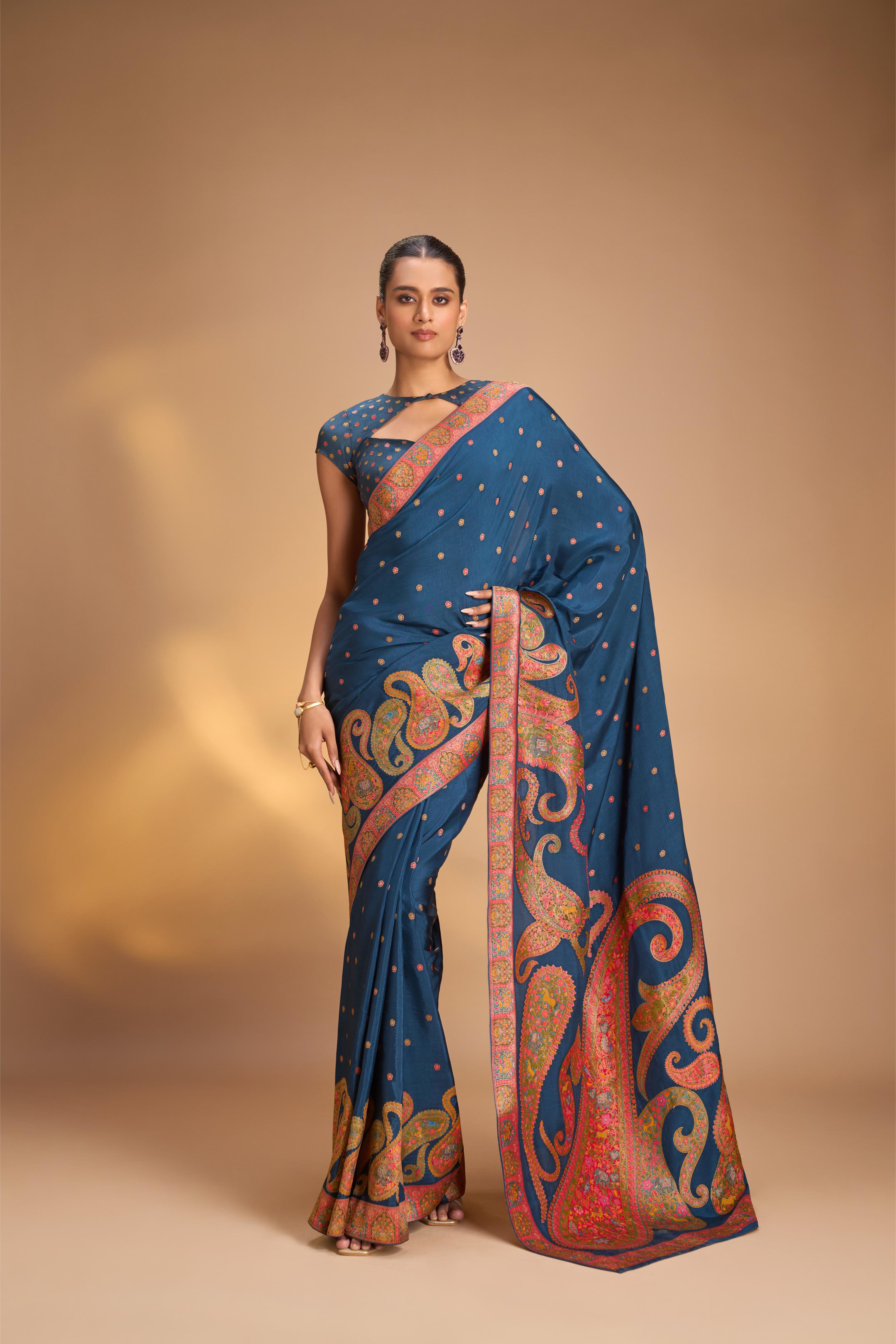 Prussian Blue Vegan Viscose Silk Saree with Kashmiri Weave Kani Design and Border | SHOBITAM