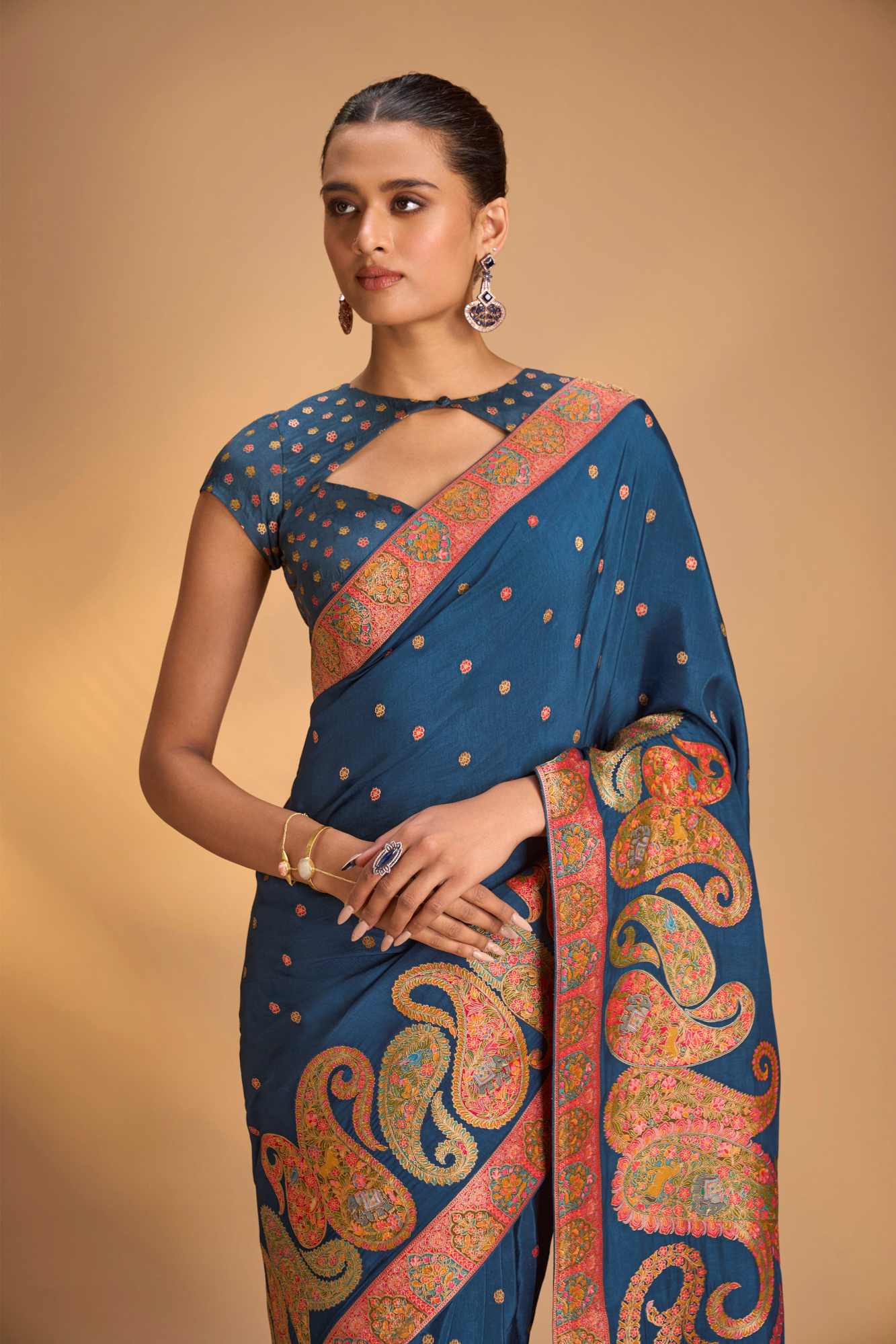 Persian Blue Vegan Viscose Silk stitched Saree with Kashmiri Weave Kani Design and Border Ready to Wear Saree